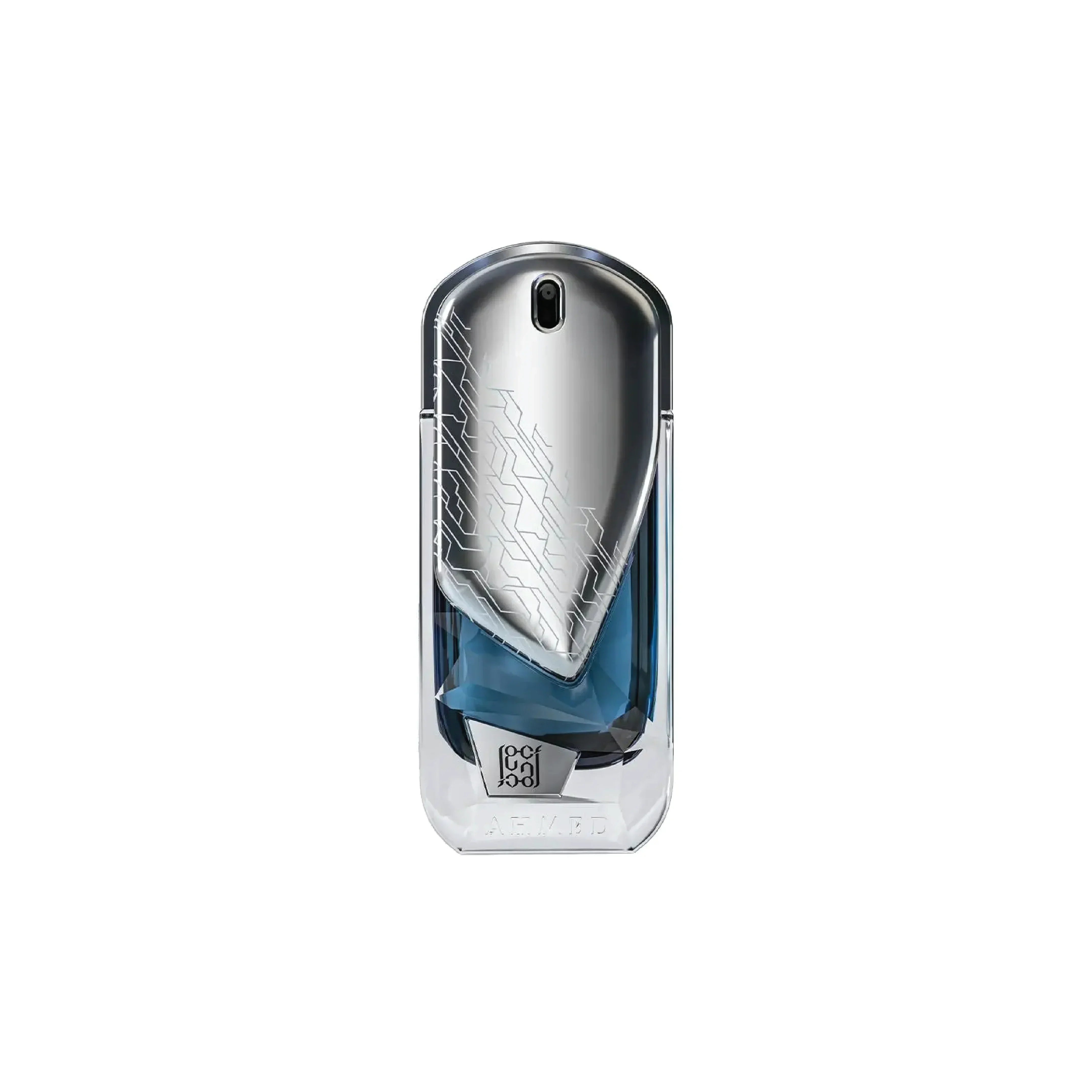 Luxury blue and silver perfume bottle with geometric design, ideal for fragrance enthusiasts seeking Middle Eastern scents.