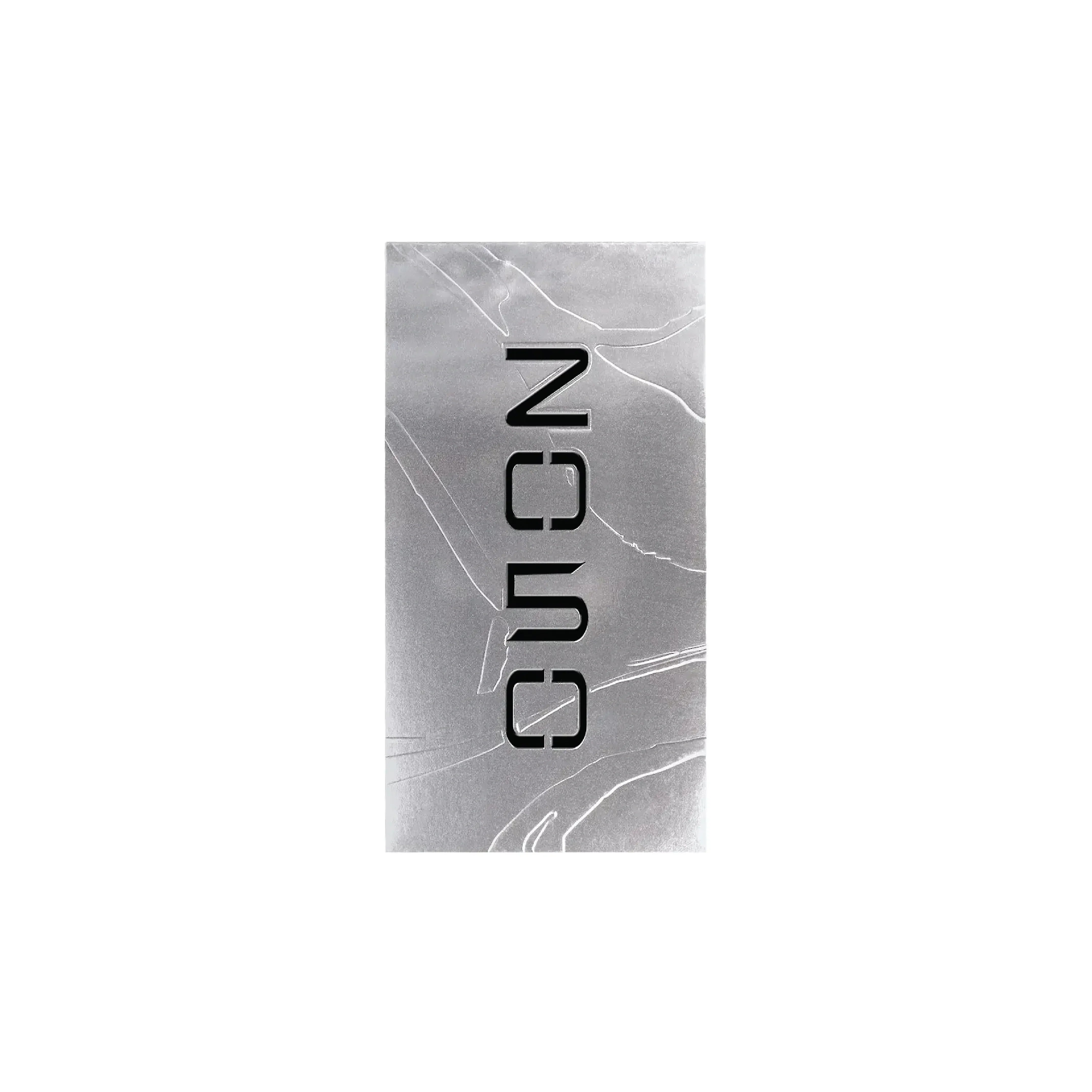 Silver luxury perfume bottle with bold black NCS logo, sleek design for Middle Eastern fragrances