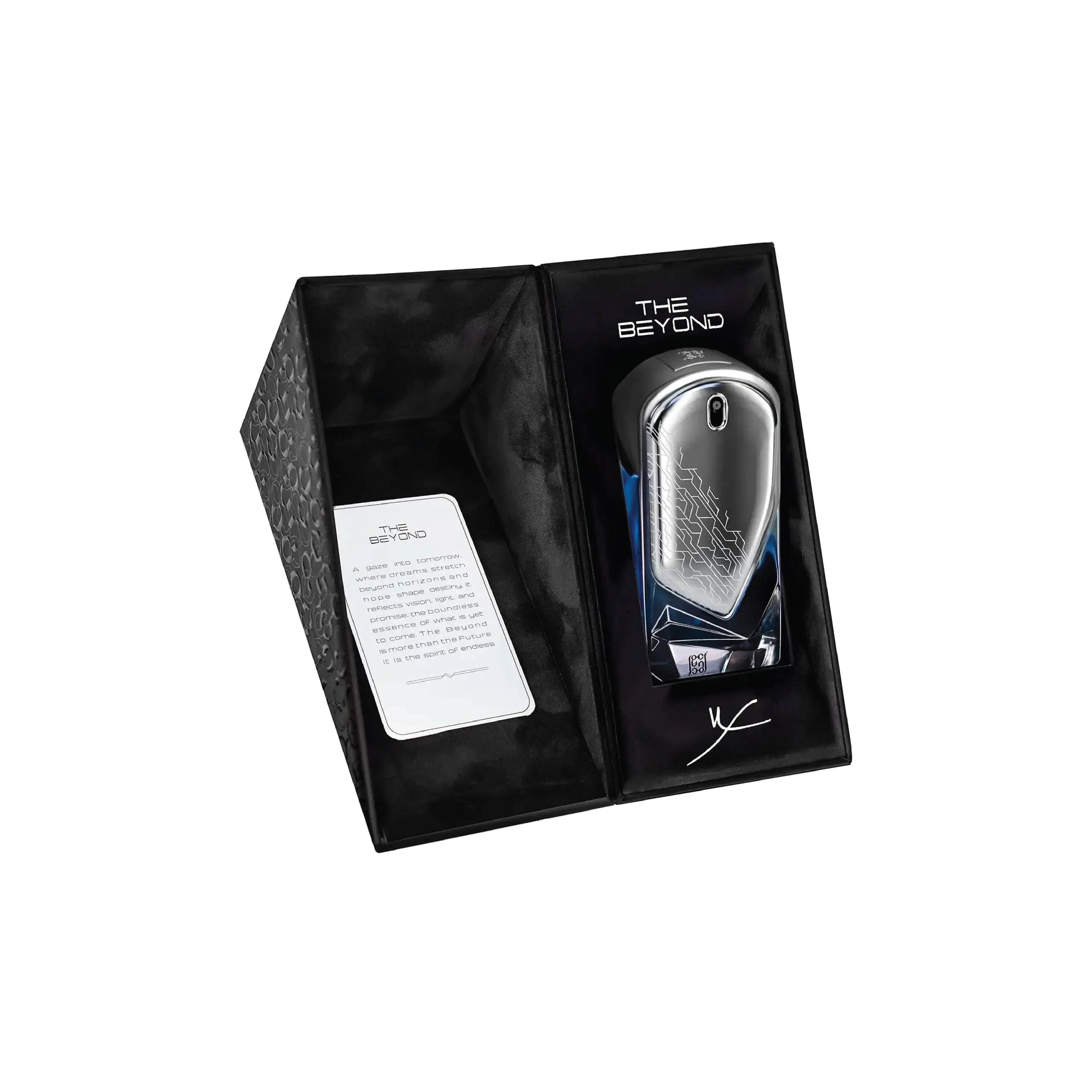 The Beyond luxury perfume bottle in sleek black gift box with description card, Middle Eastern fragrance