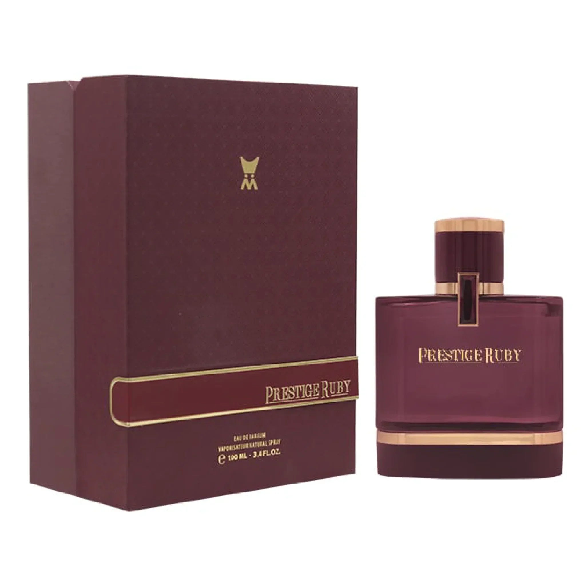 Prestige Ruby perfume bottle and box, luxury Middle Eastern fragrance, maroon and gold design