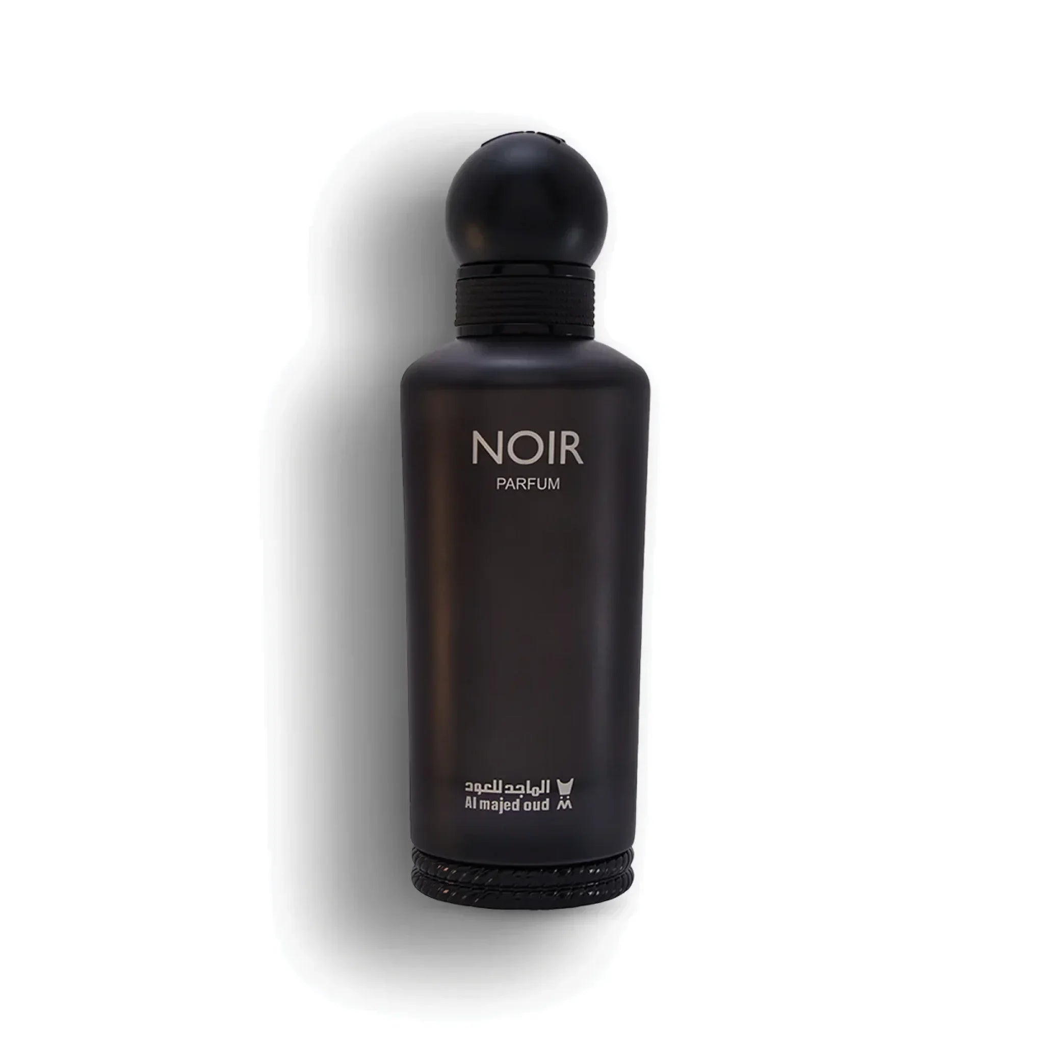 Noir Parfum bottle with matte black finish and rounded cap on white background