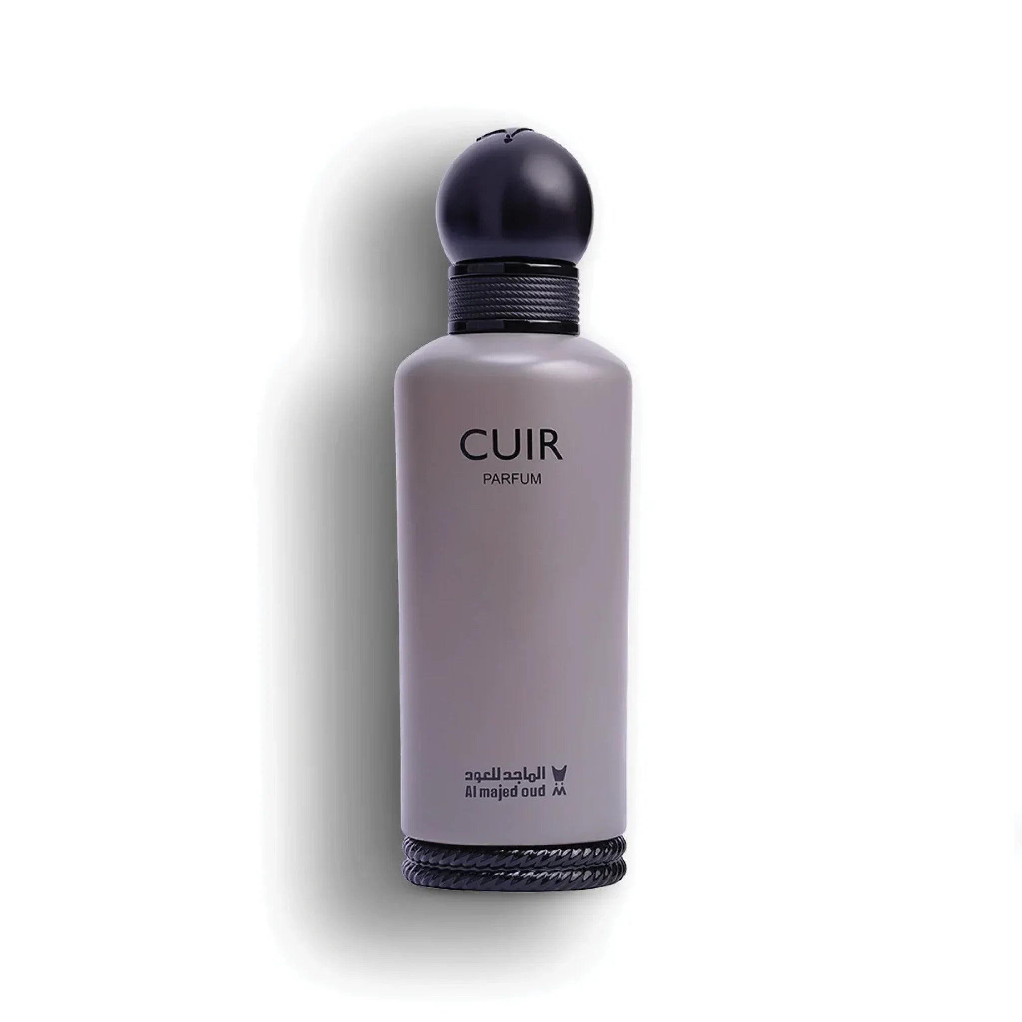 Matte grey Cuir Parfum bottle with black cap and Middle Eastern text, luxury perfume
