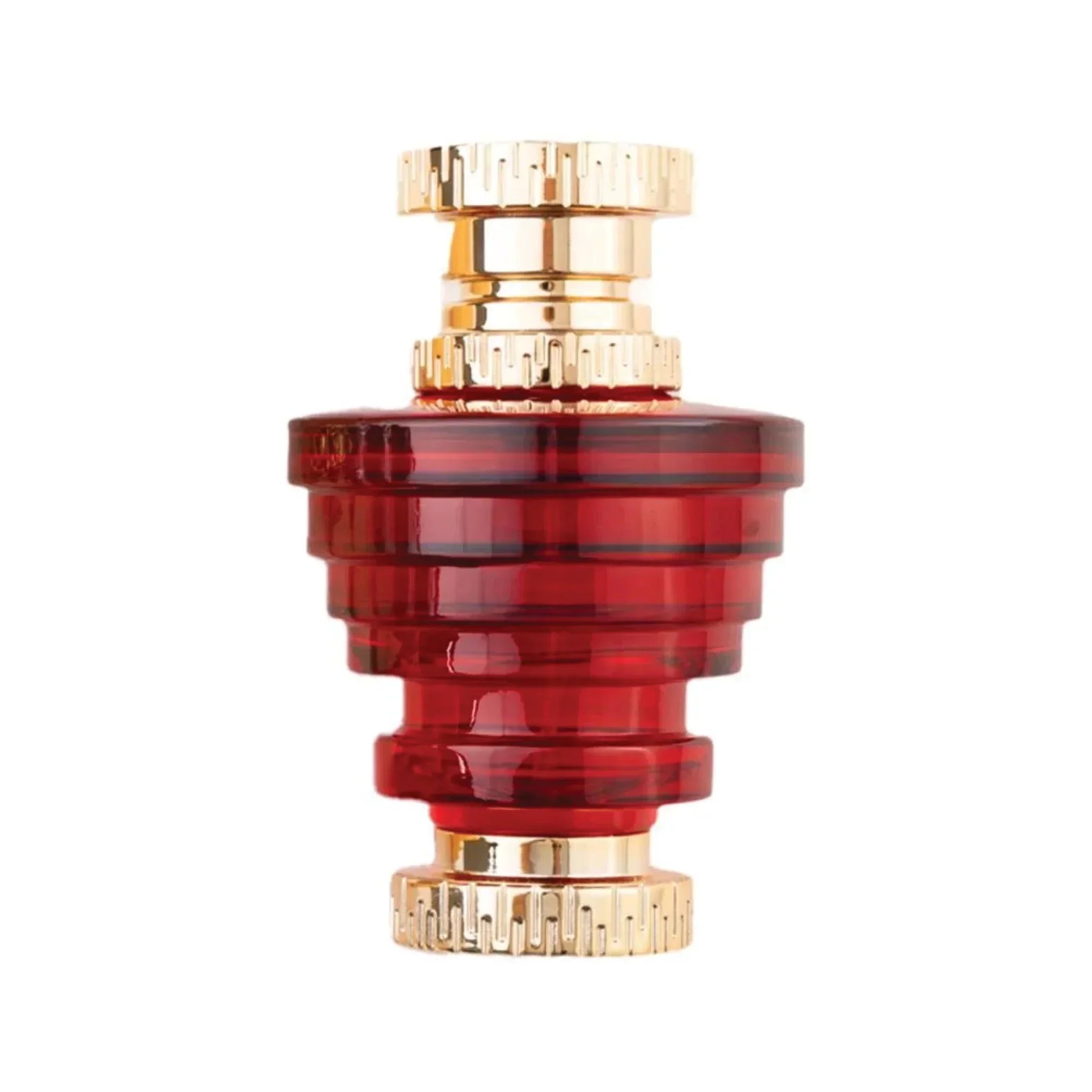 Red and gold luxury perfume bottle with a tiered geometric design