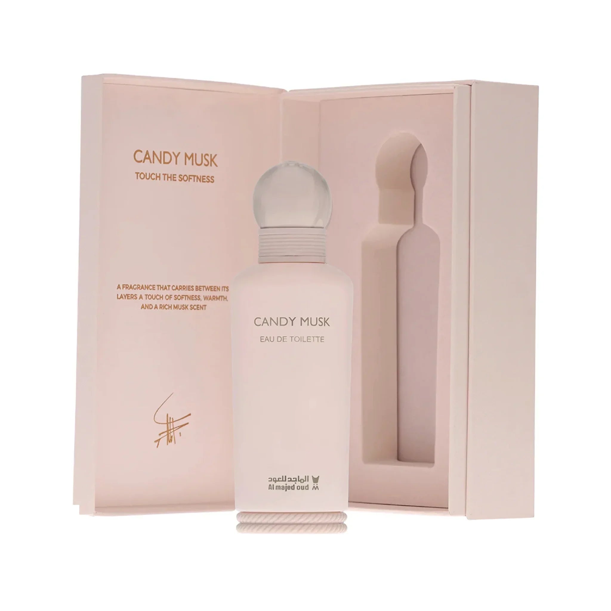 Candy Musk Eau de Toilette perfume bottle in open pastel pink gift box with soft matte finish