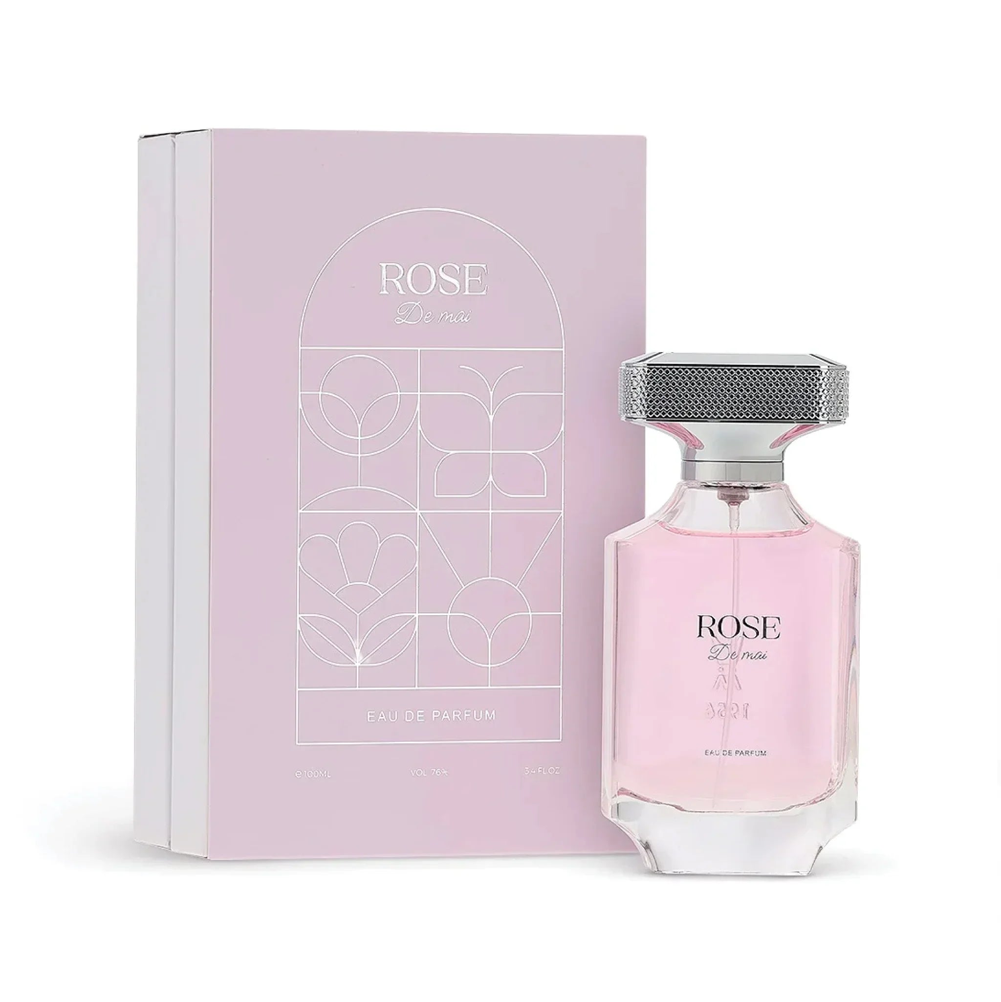 Rose De Mai pink perfume bottle and matching box, luxury floral fragrance set