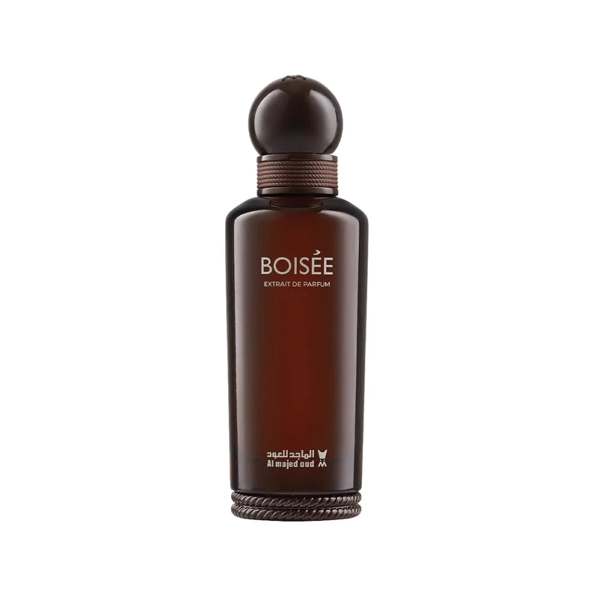 Brown Boisée Extrait de Parfum bottle with round cap and Arabic text, luxury fragrance