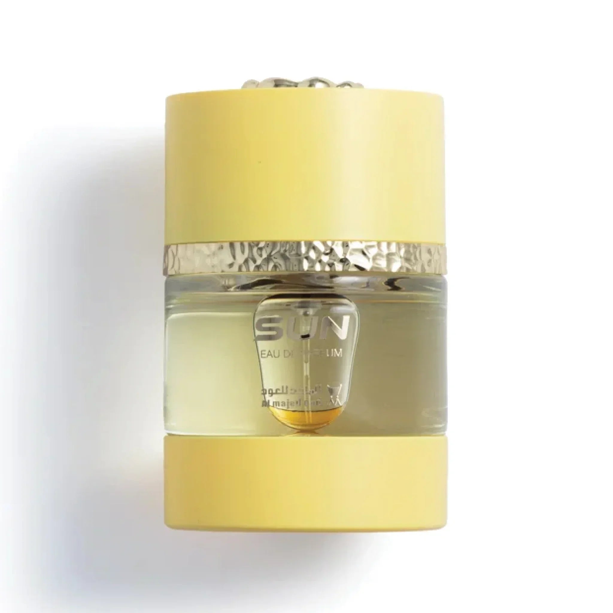 Yellow and gold luxury perfume bottle labeled SUN, clear glass with textured metallic band