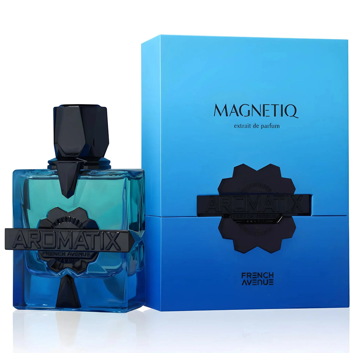 Aromatix Magnetiq 100ml perfume bottle and blue box featuring a geometric black cap and bold black brand emblem.