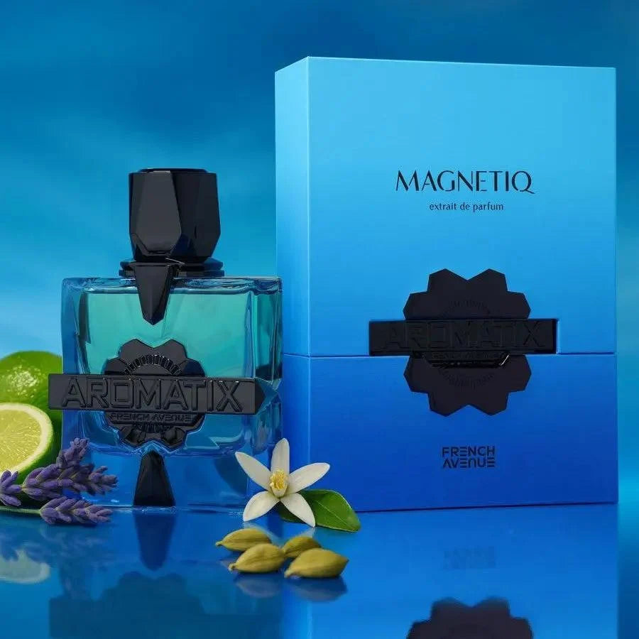 Aromatix Magnetiq 100ml perfume bottle and blue box with black geometric accents, surrounded by lime, lavender, and orange blossom.