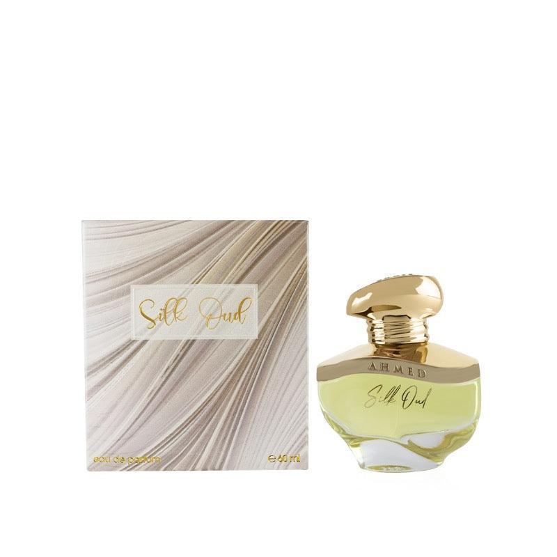 Silk Oud Eau de Parfum by Ahmed, luxury Middle Eastern fragrance in elegant gold bottle and packaging