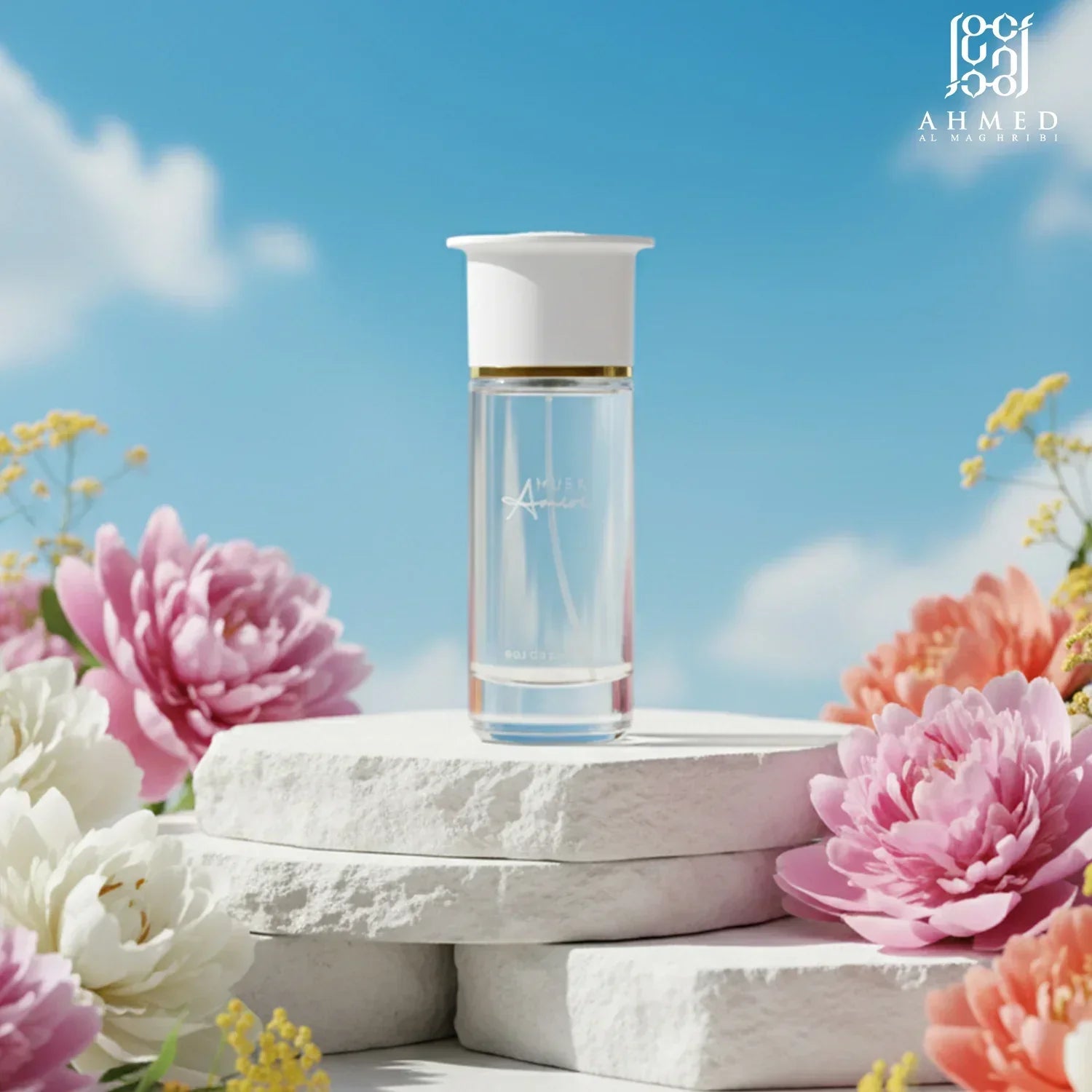 Elegant perfume bottle with white cap on stone platform, surrounded by pink flowers under a blue sky