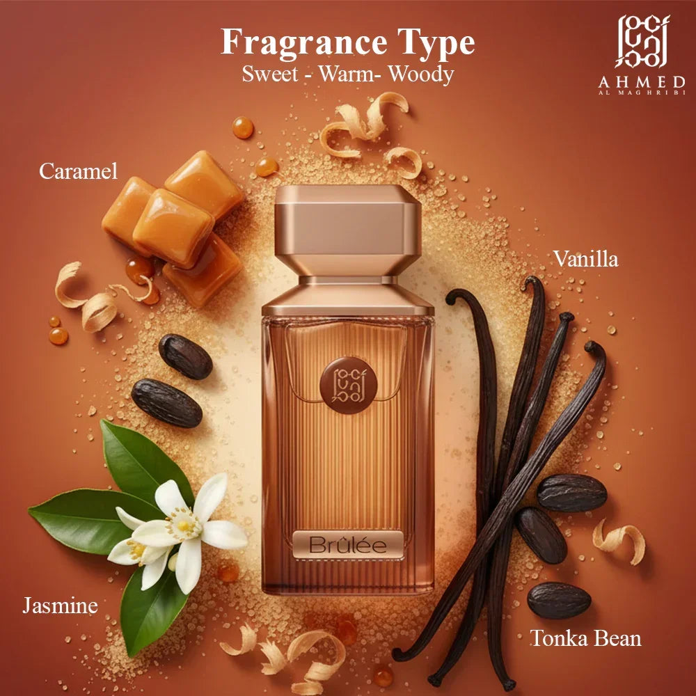 Brûlée perfume bottle with caramel, vanilla, jasmine, and tonka bean notes, sweet warm woody fragrance