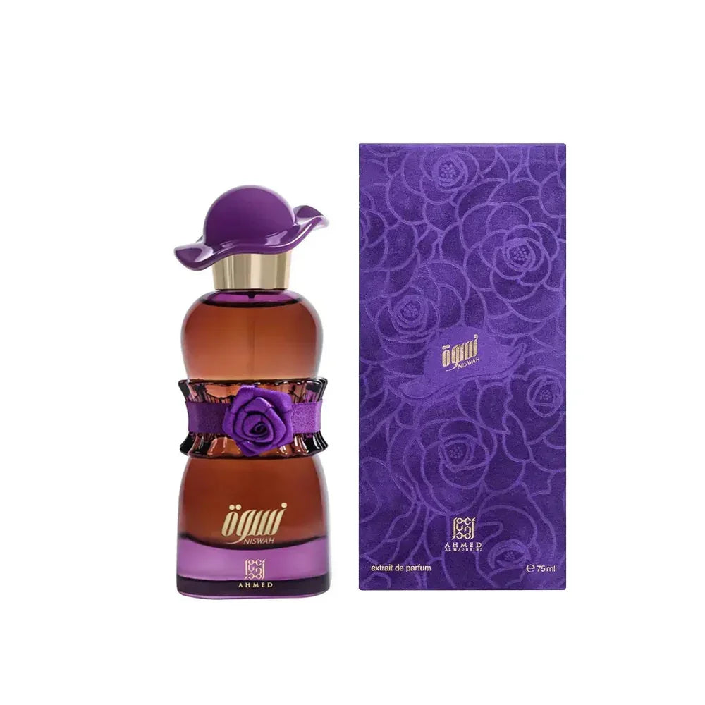 Elegant Middle Eastern perfume bottle with purple floral accents and matching gift box