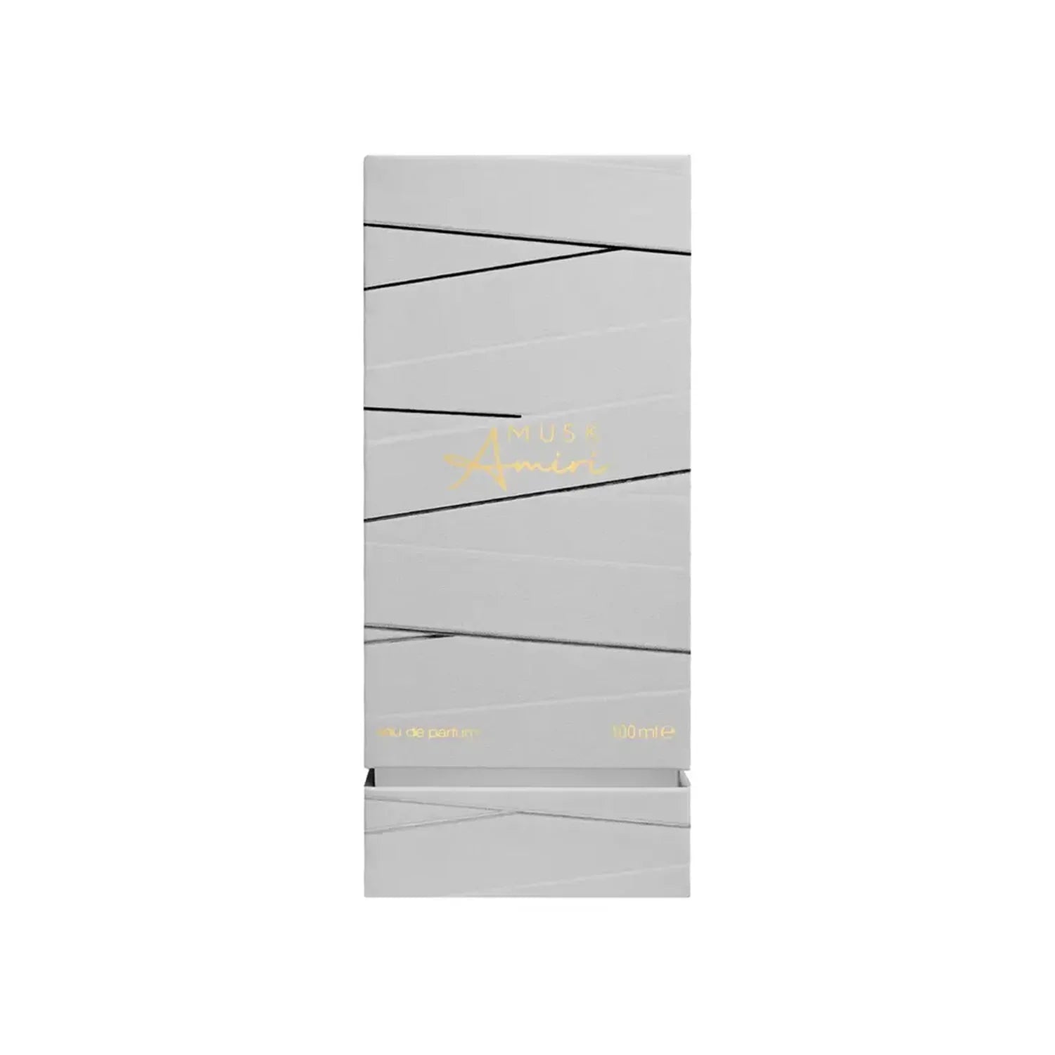 Elegant grey perfume box with gold 'Musk Amiri' text and modern line design, 100ml size.