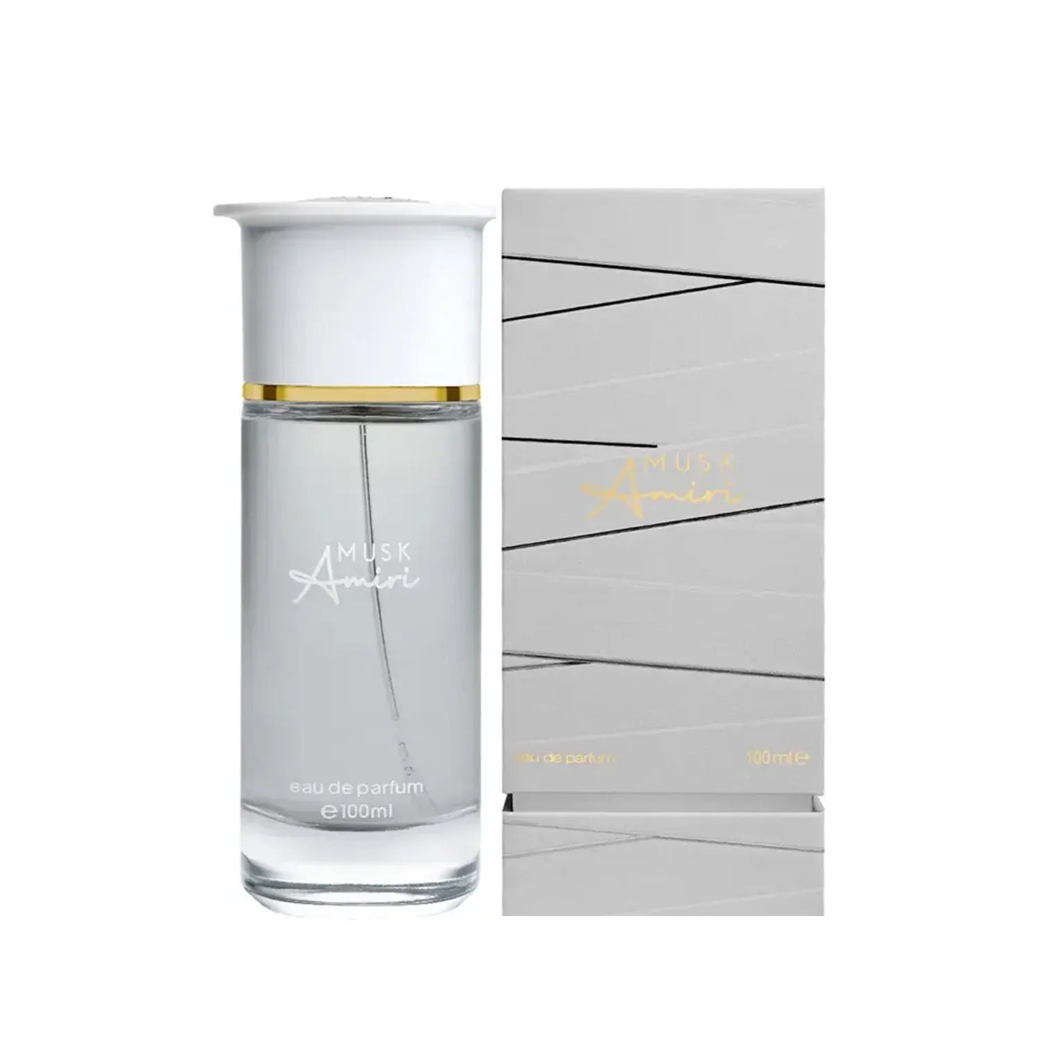 Musk Amiri eau de parfum 100ml in clear bottle with white and gold accents beside matching box