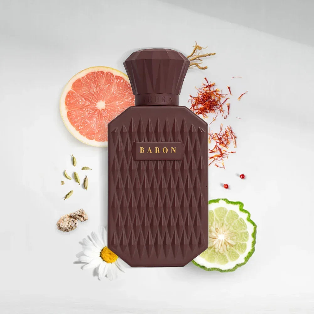 Luxury brown Baron perfume bottle with grapefruit, saffron, citrus, cardamom, and chamomile