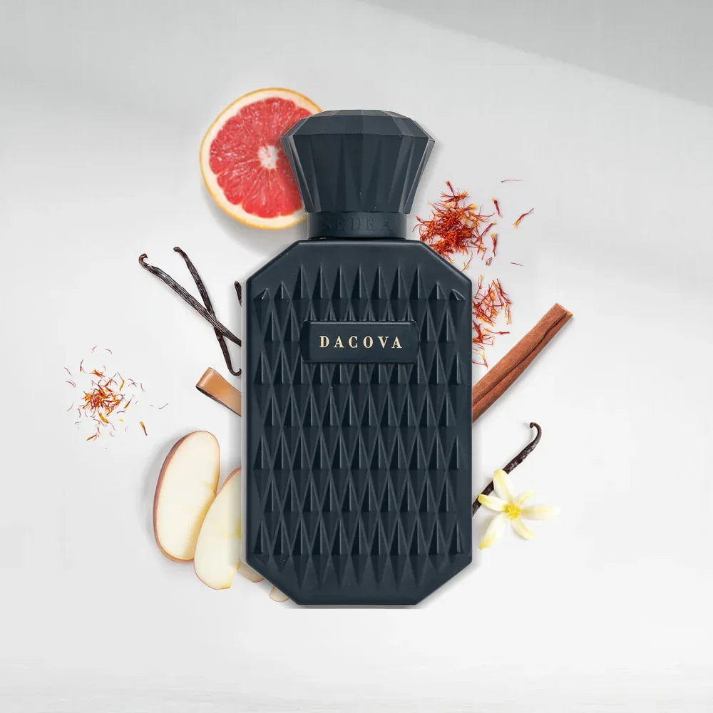 Black DACOVA perfume bottle with grapefruit, vanilla, apple, cinnamon, and saffron accents