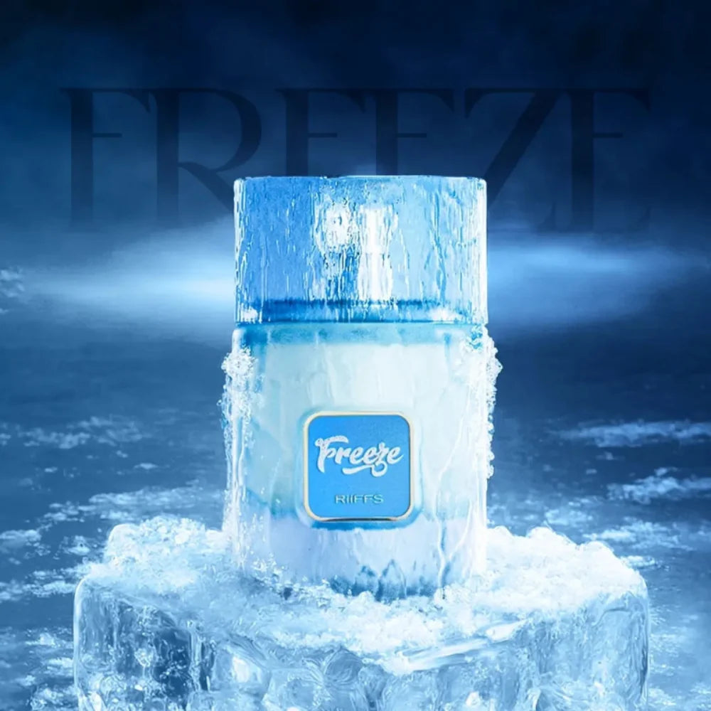 Riiffs Freeze 100ml perfume bottle encased in ice, featuring a blue gradient design on a frosty, snow-covered surface.