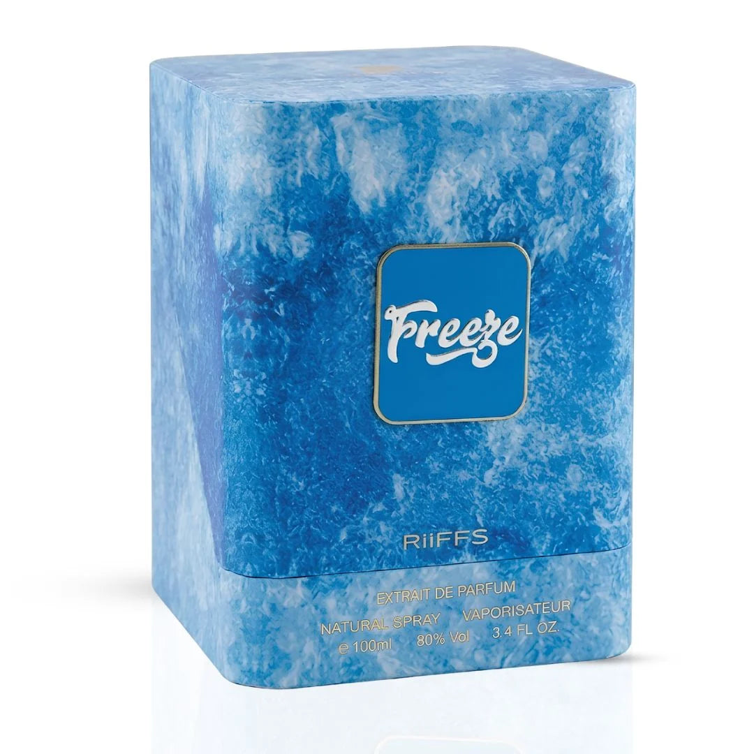 Riiffs Freeze 100ml perfume box with a blue icy marble pattern and a central square logo on a white background.