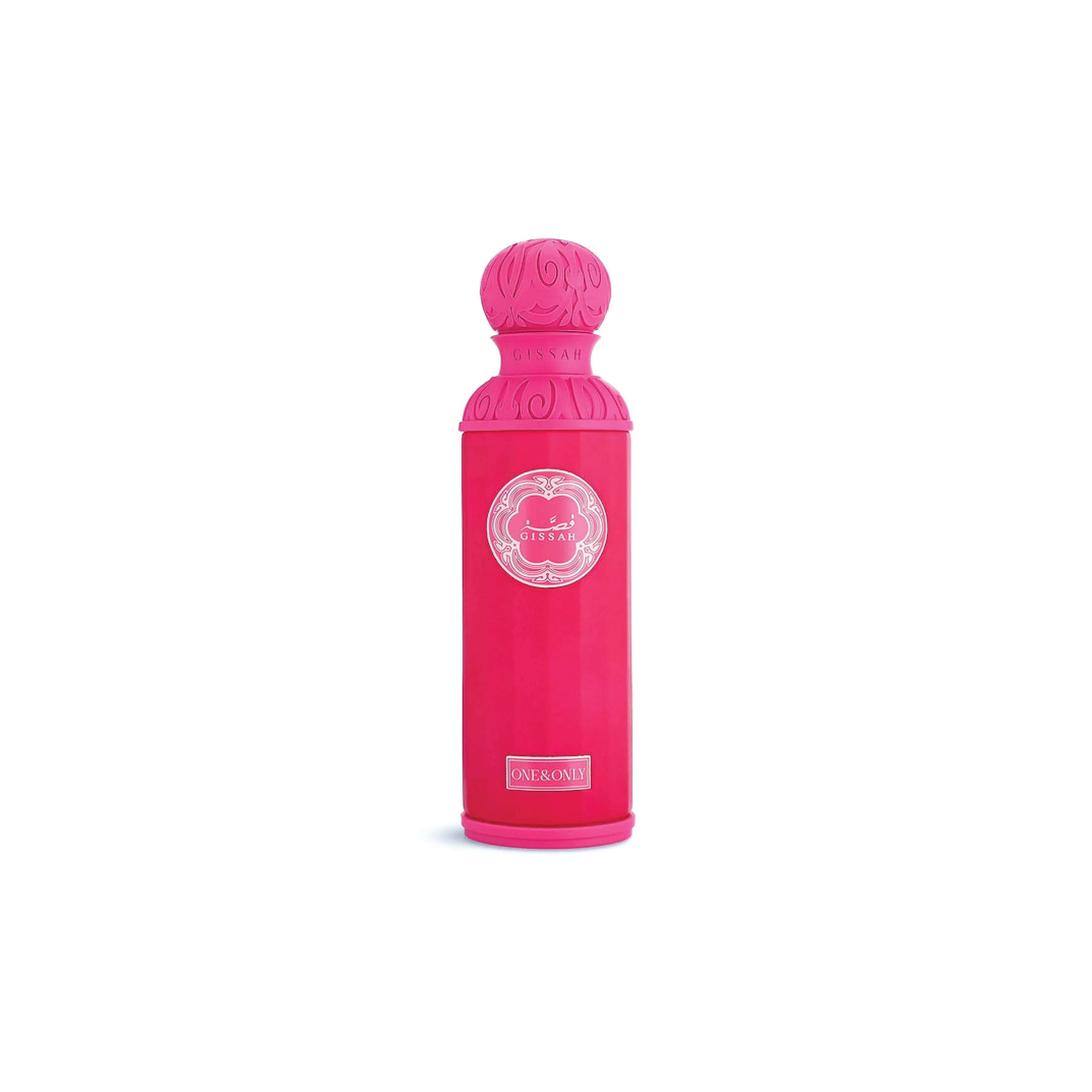 Vibrant pink Gissah perfume bottle with ornate cap and decorative label on white background
