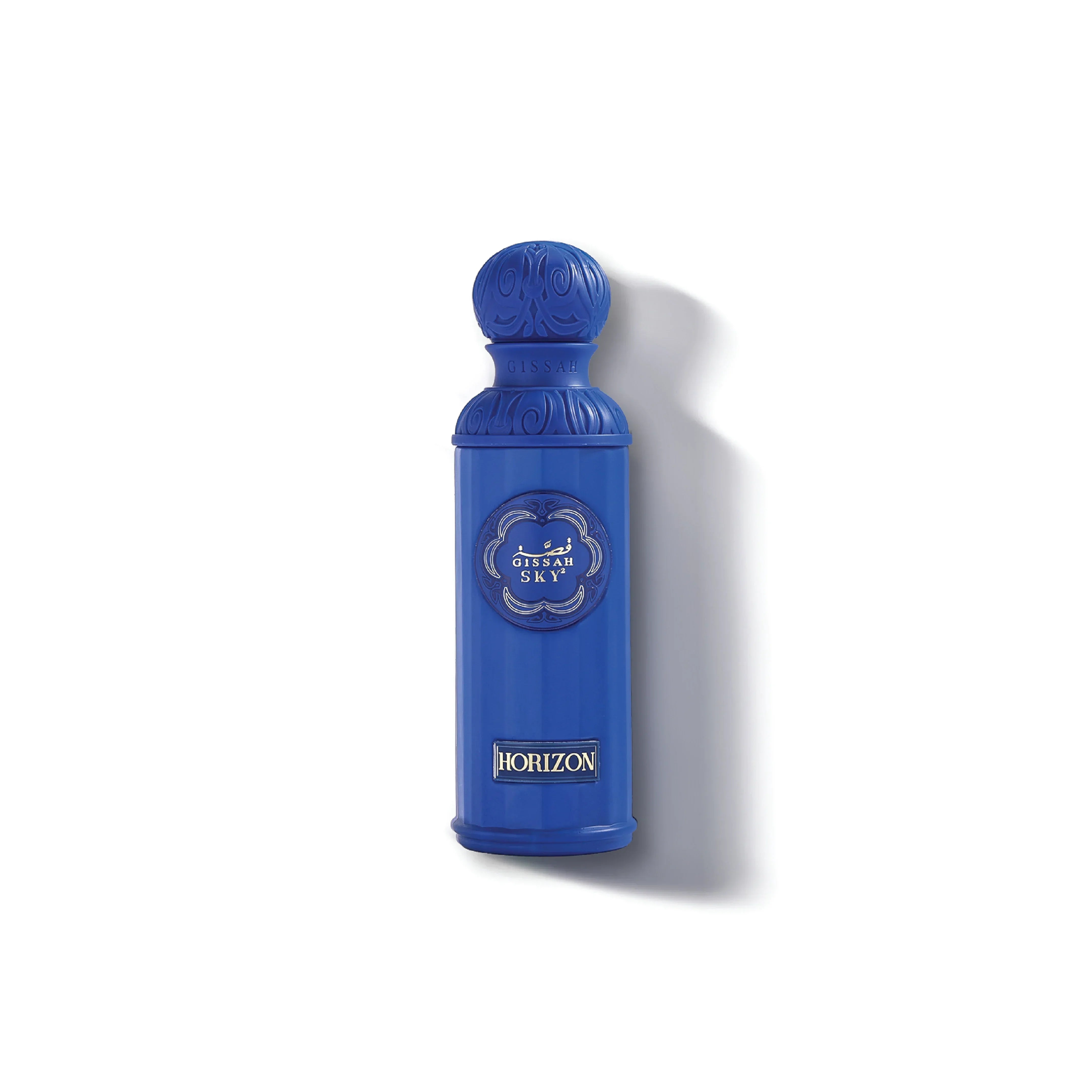 Blue Gissah Sky Horizon luxury perfume bottle with ornate cap on white background