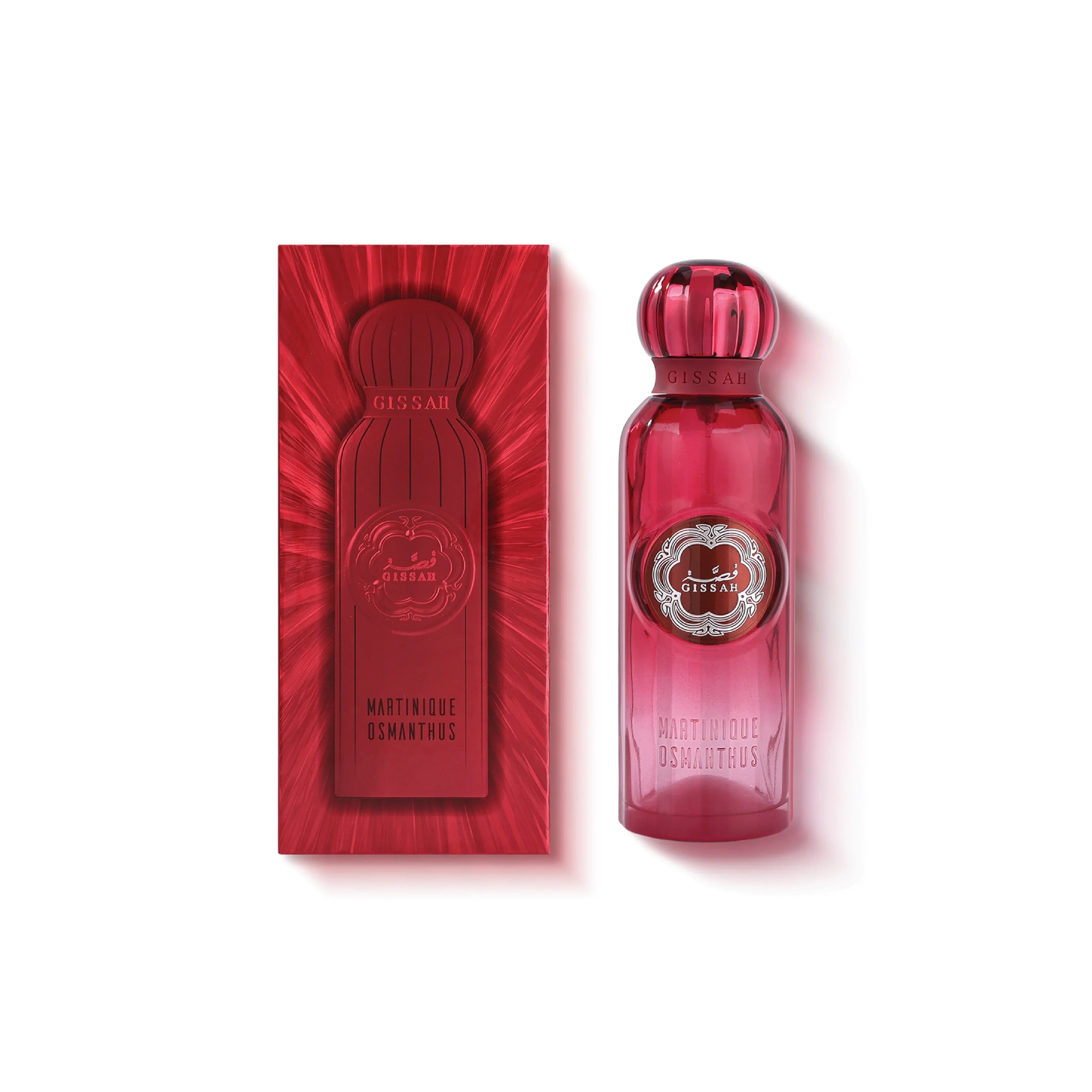 Red Gissah Martinique Osmanthus perfume bottle with matching decorative box, luxury fragrance