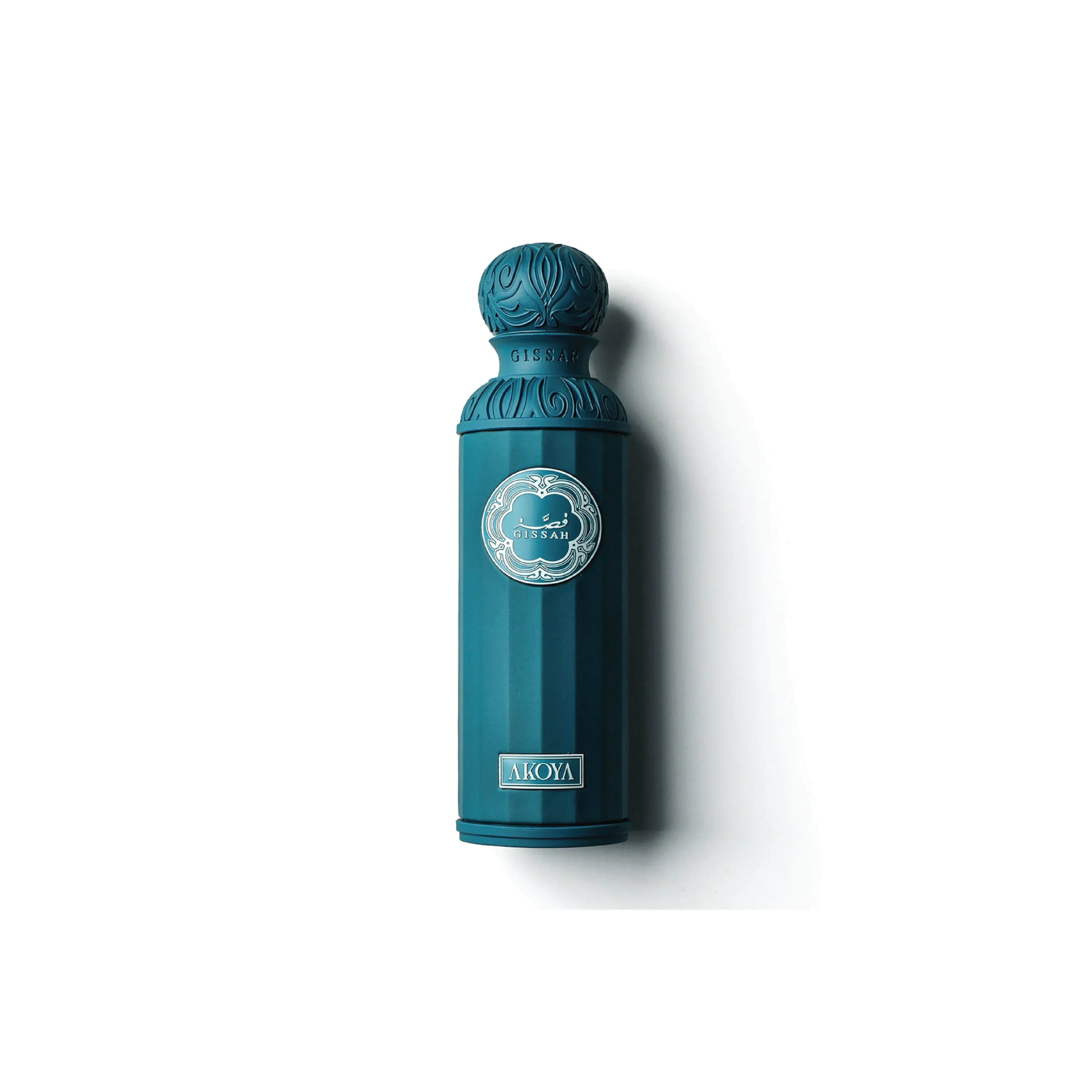 Elegant teal perfume bottle with embossed cap and decorative label, labeled Akoya.