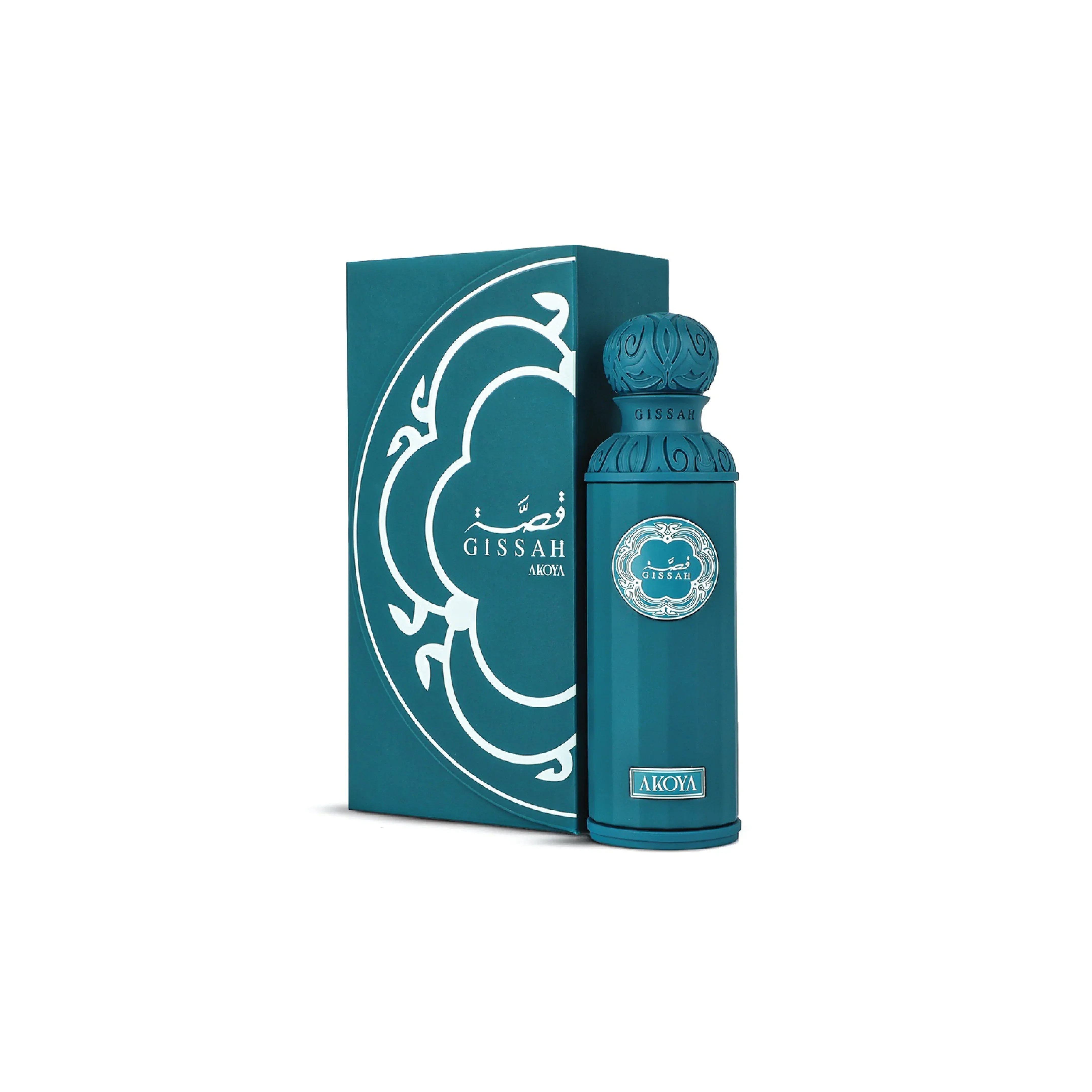 Elegant blue Gissah Akoya perfume bottle and matching decorative box, luxury fragrance