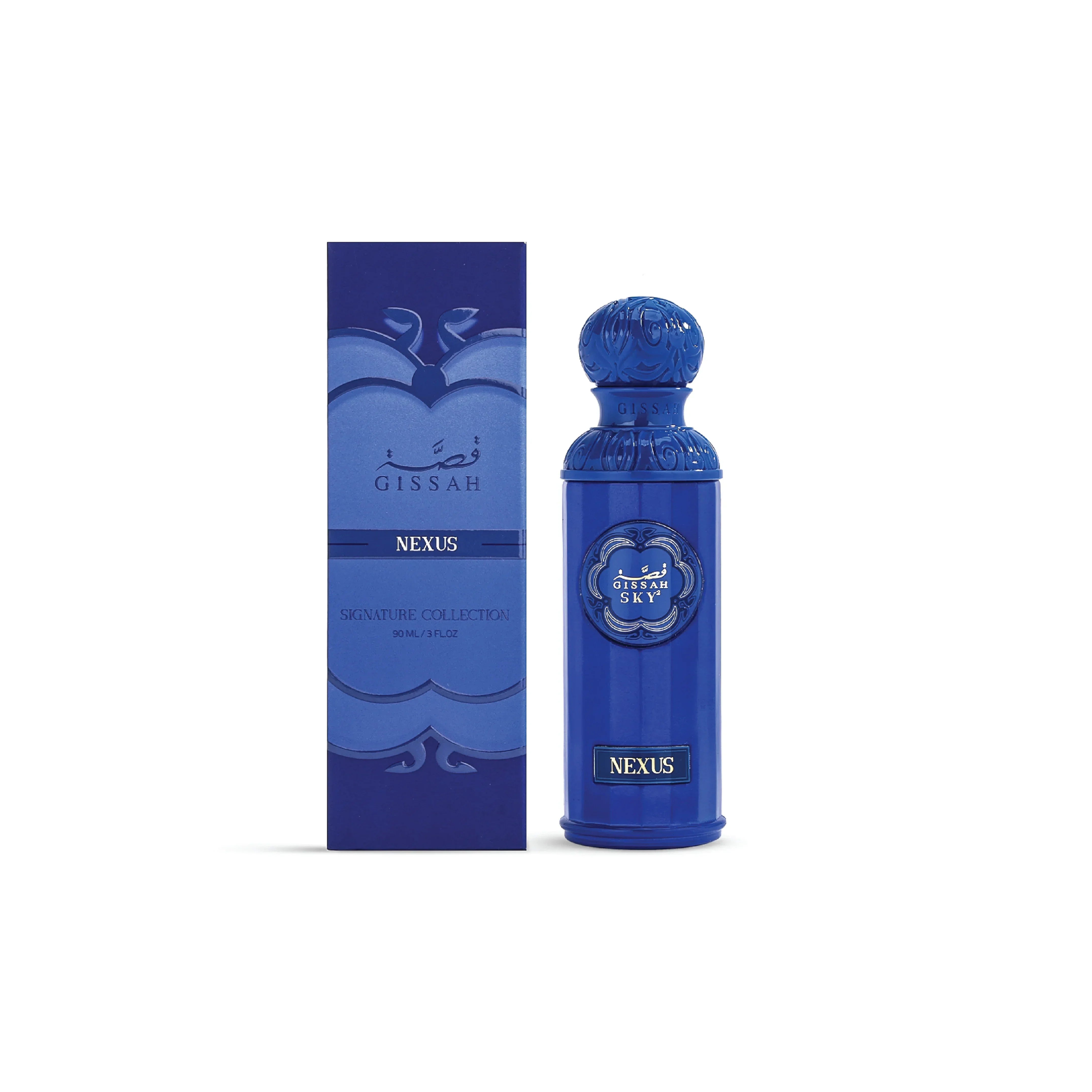 Gissah Nexus perfume bottle and box, elegant blue design, luxury fragrance, 90ml