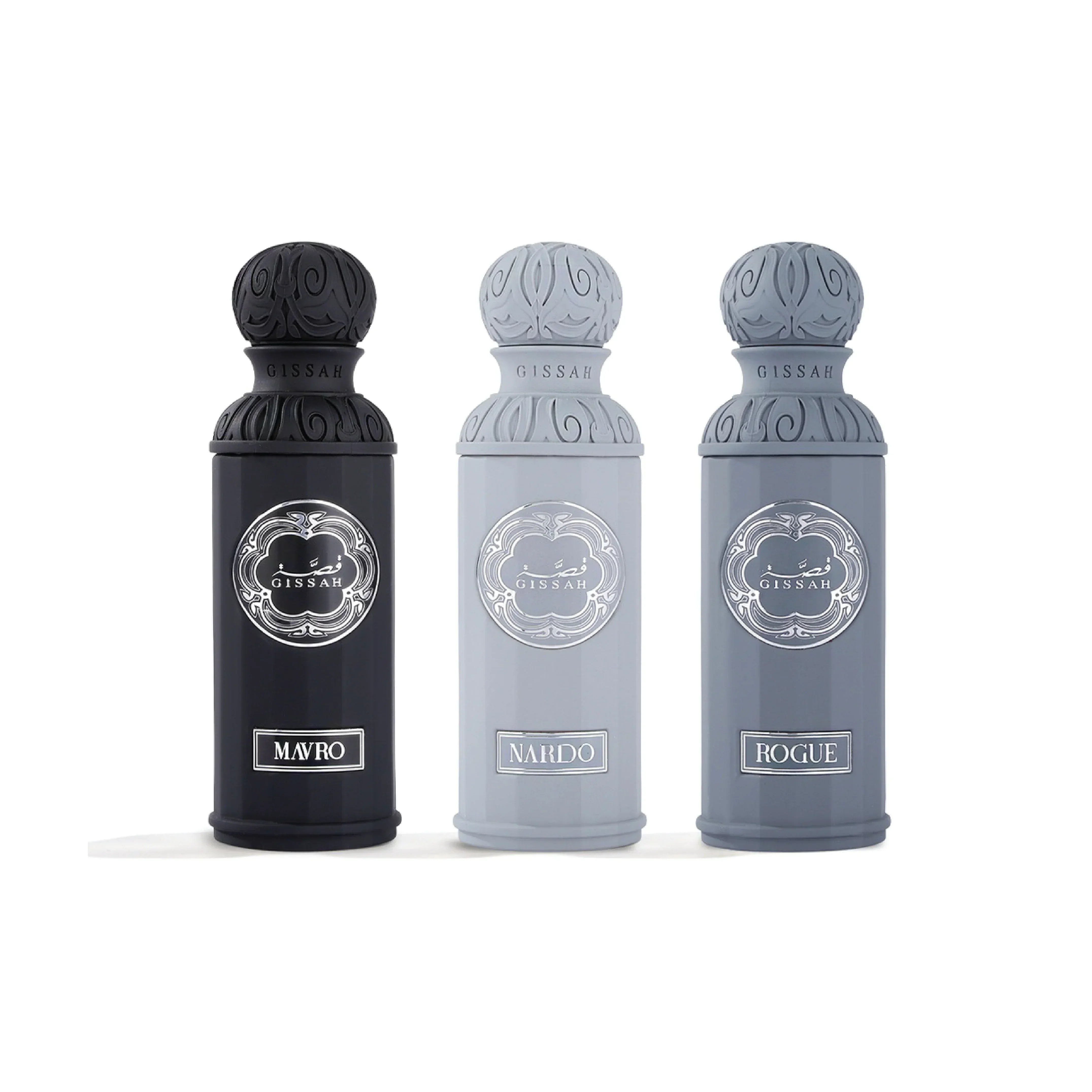 Three Gissah luxury perfume bottles in black, light grey, and dark grey on a white background.