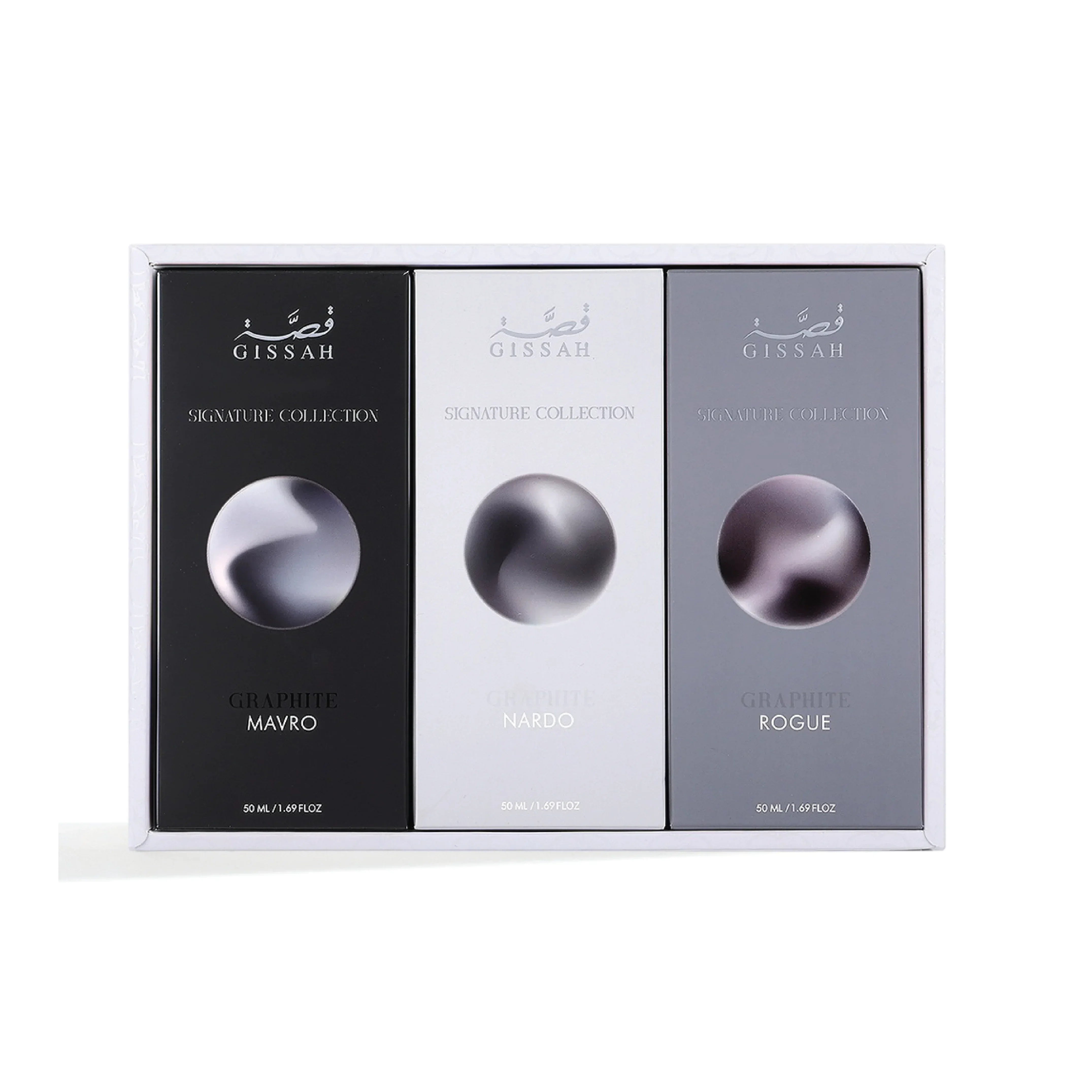Luxury perfume gift set with three boxed bottles labeled Graphite Mavro, Nardo, Rogue