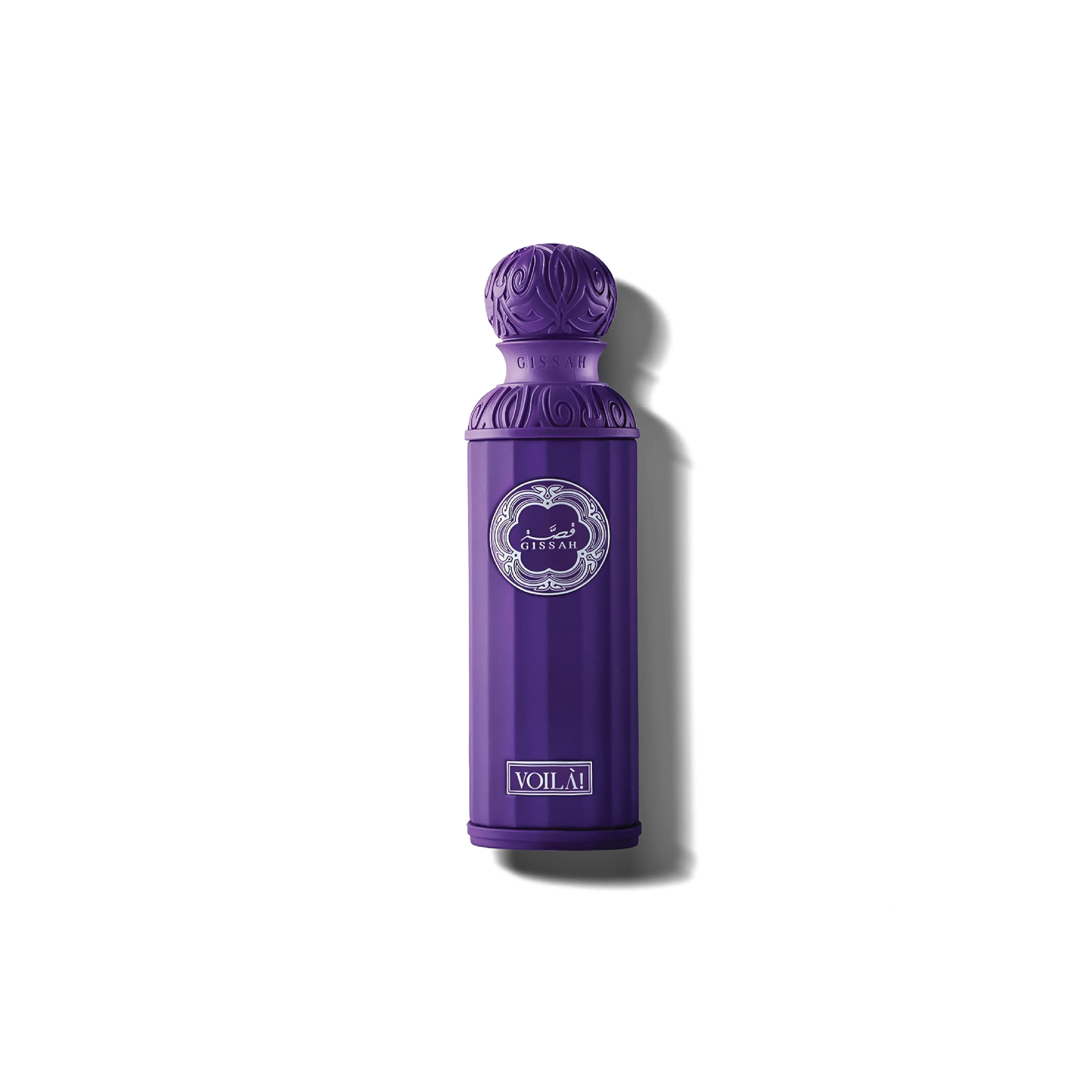Purple embossed luxury perfume bottle with intricate design and label on white background