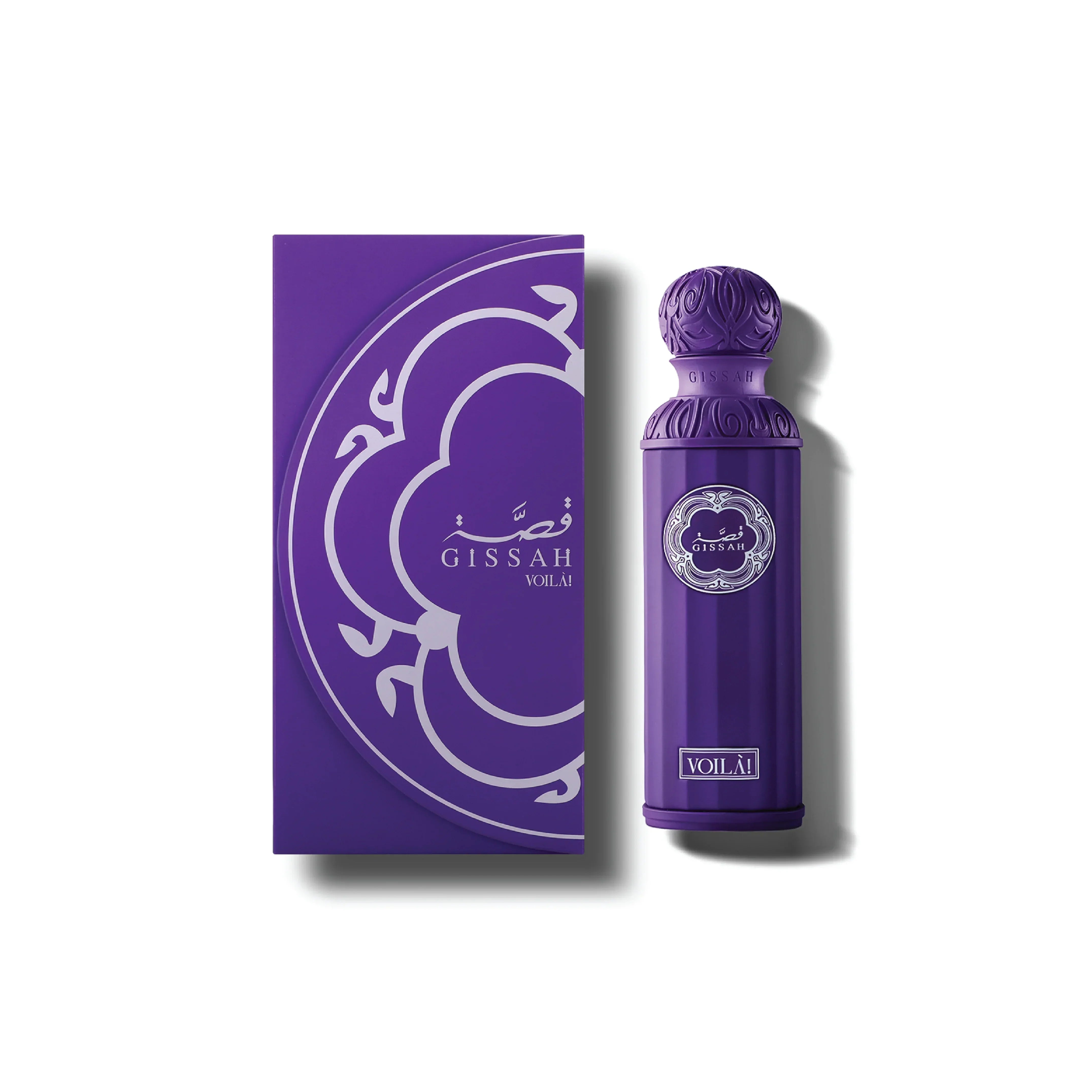 Purple Gissah Voilai perfume bottle and matching decorative box on white background