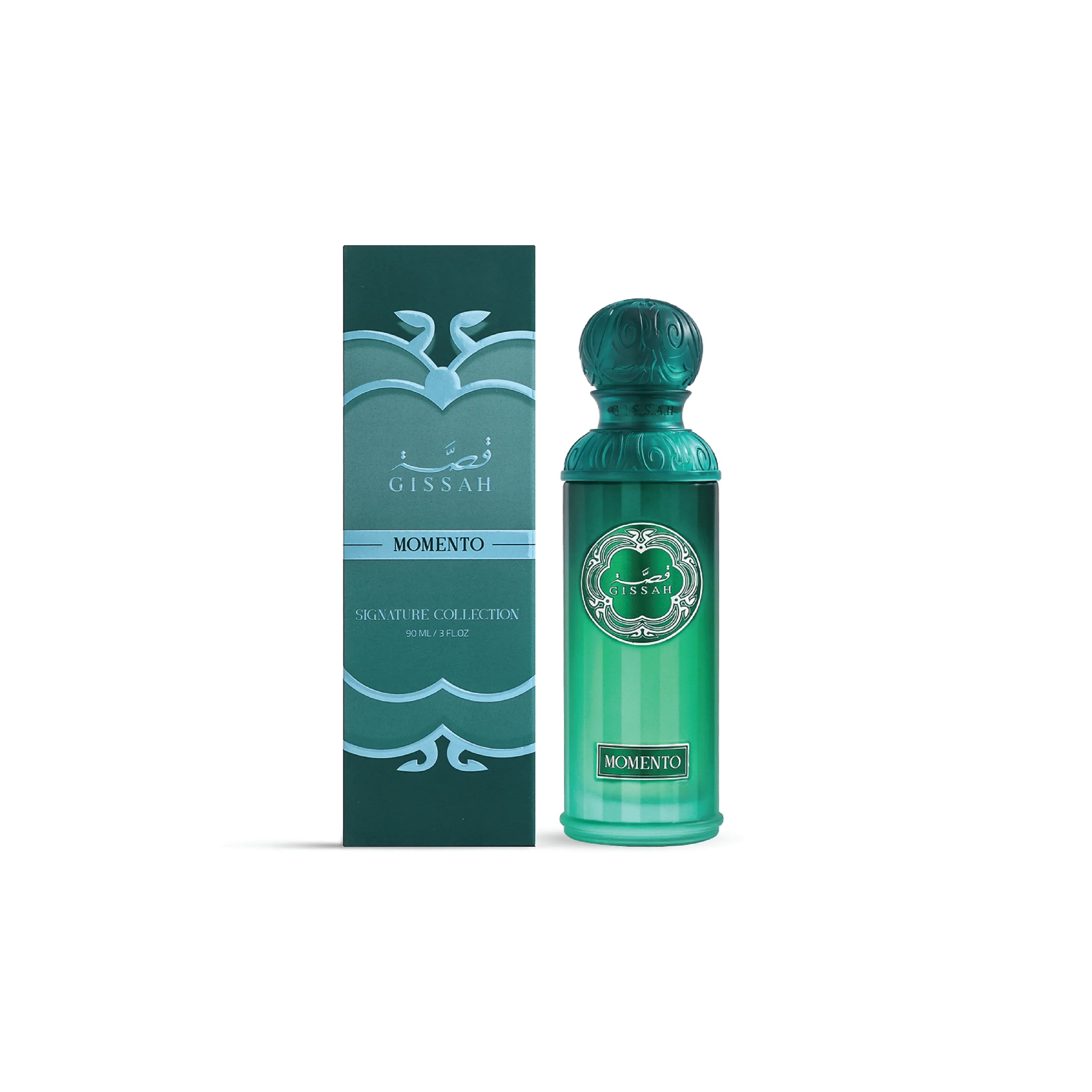 Gissah Momento perfume bottle and box, luxury Middle Eastern fragrance, green packaging