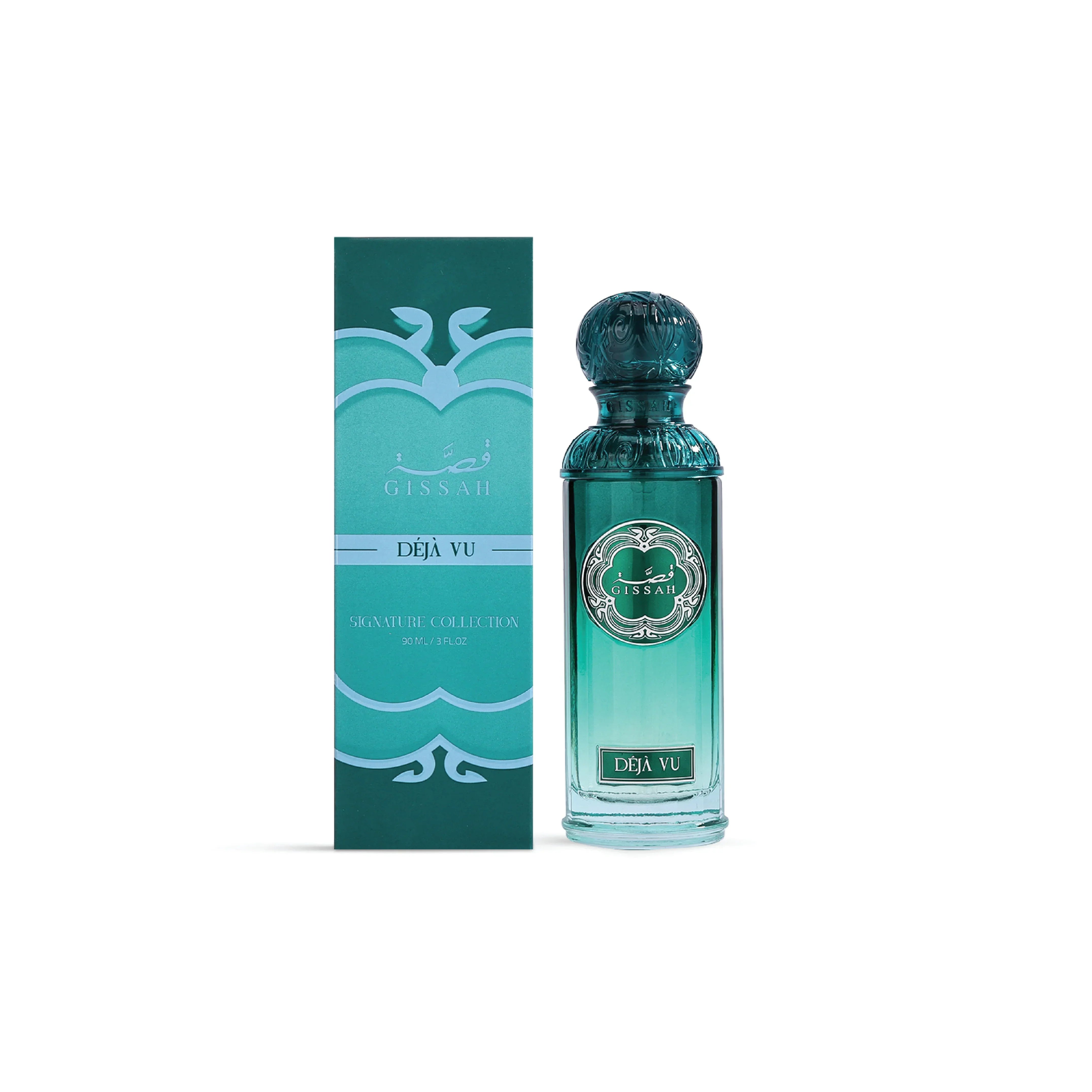 Gissah Déjà Vu luxury perfume bottle and box in turquoise green, Signature Collection.