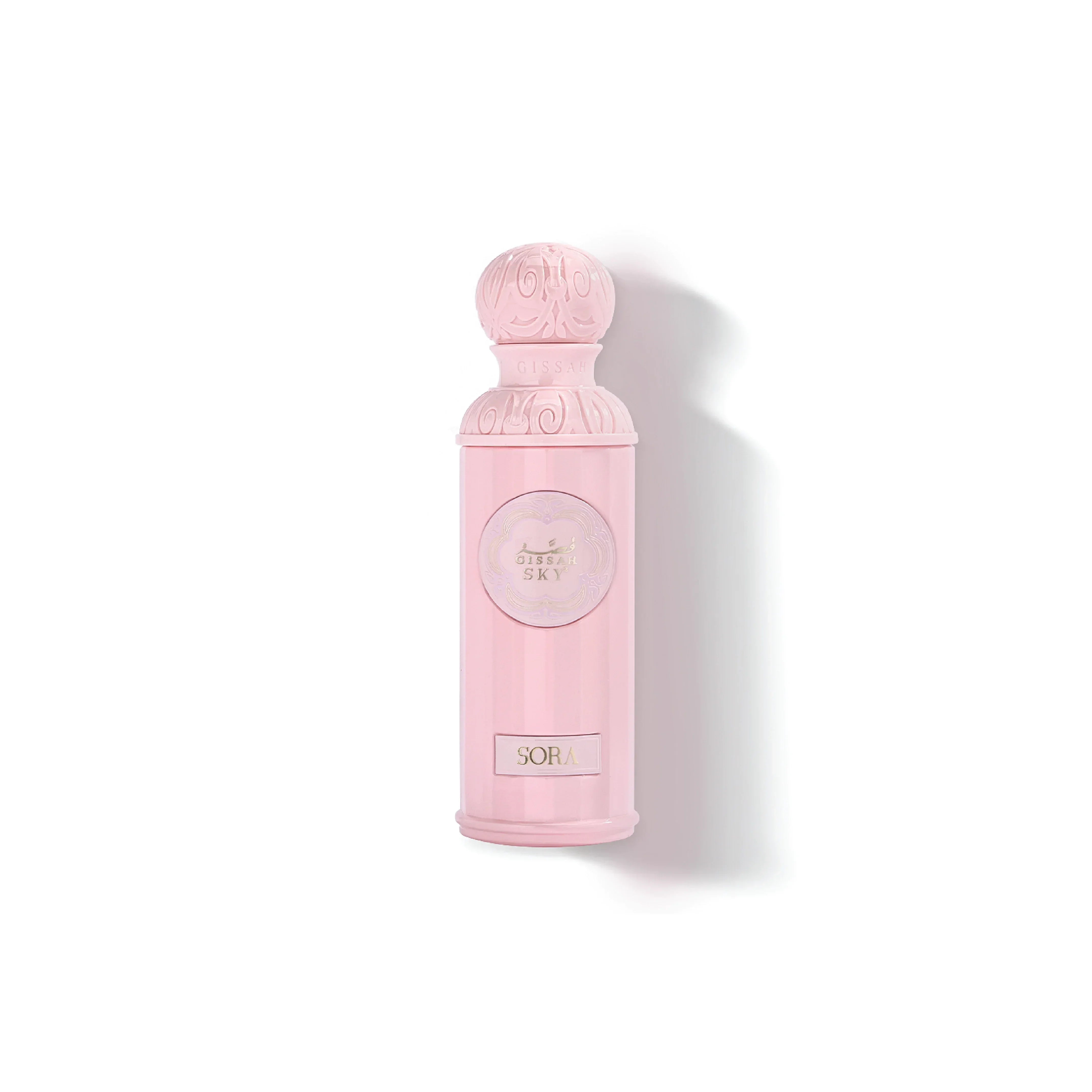 Elegant pink perfume bottle labeled Gissah Sky Sora with ornate cap on white background