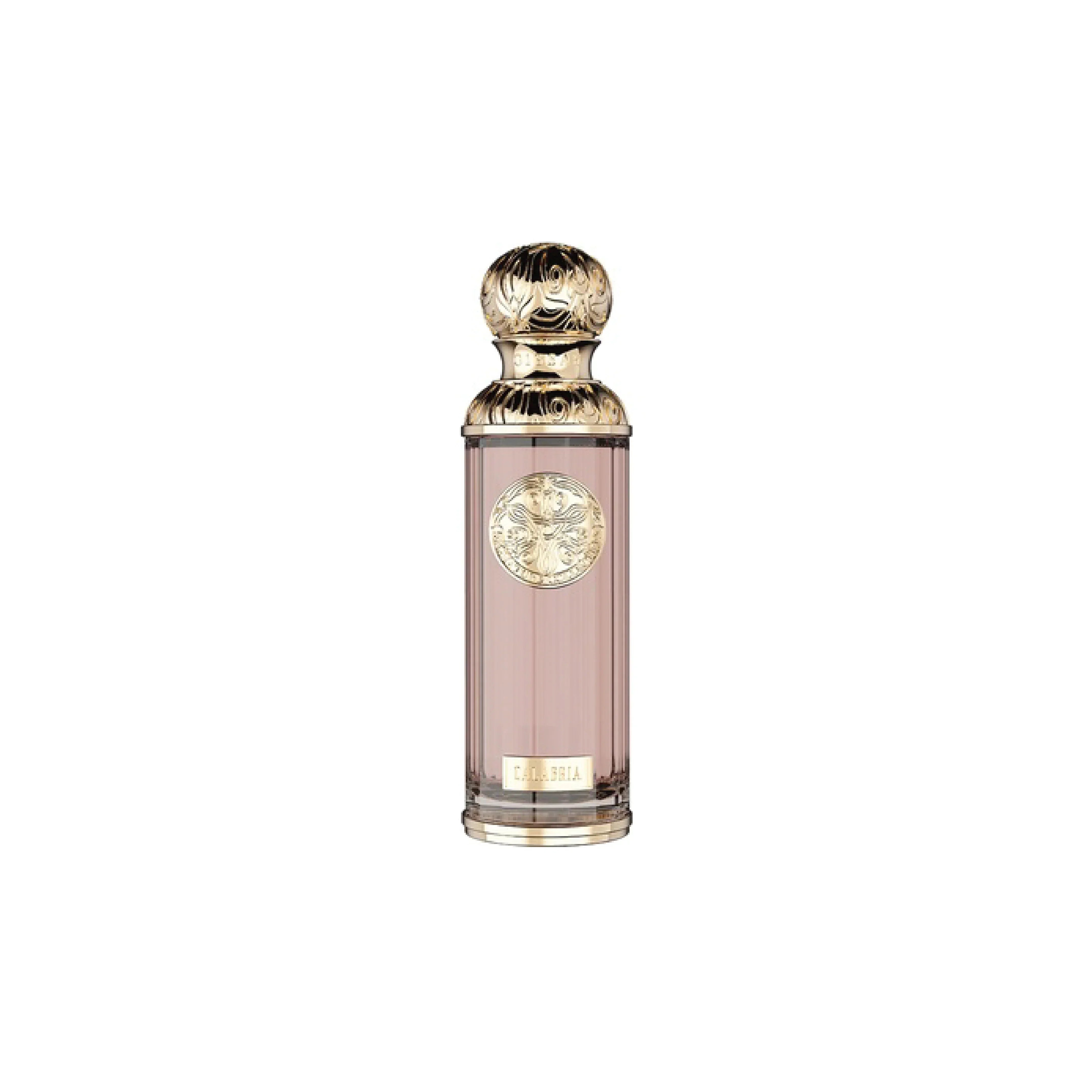 Elegant pink luxury perfume bottle with ornate gold cap and label on white background