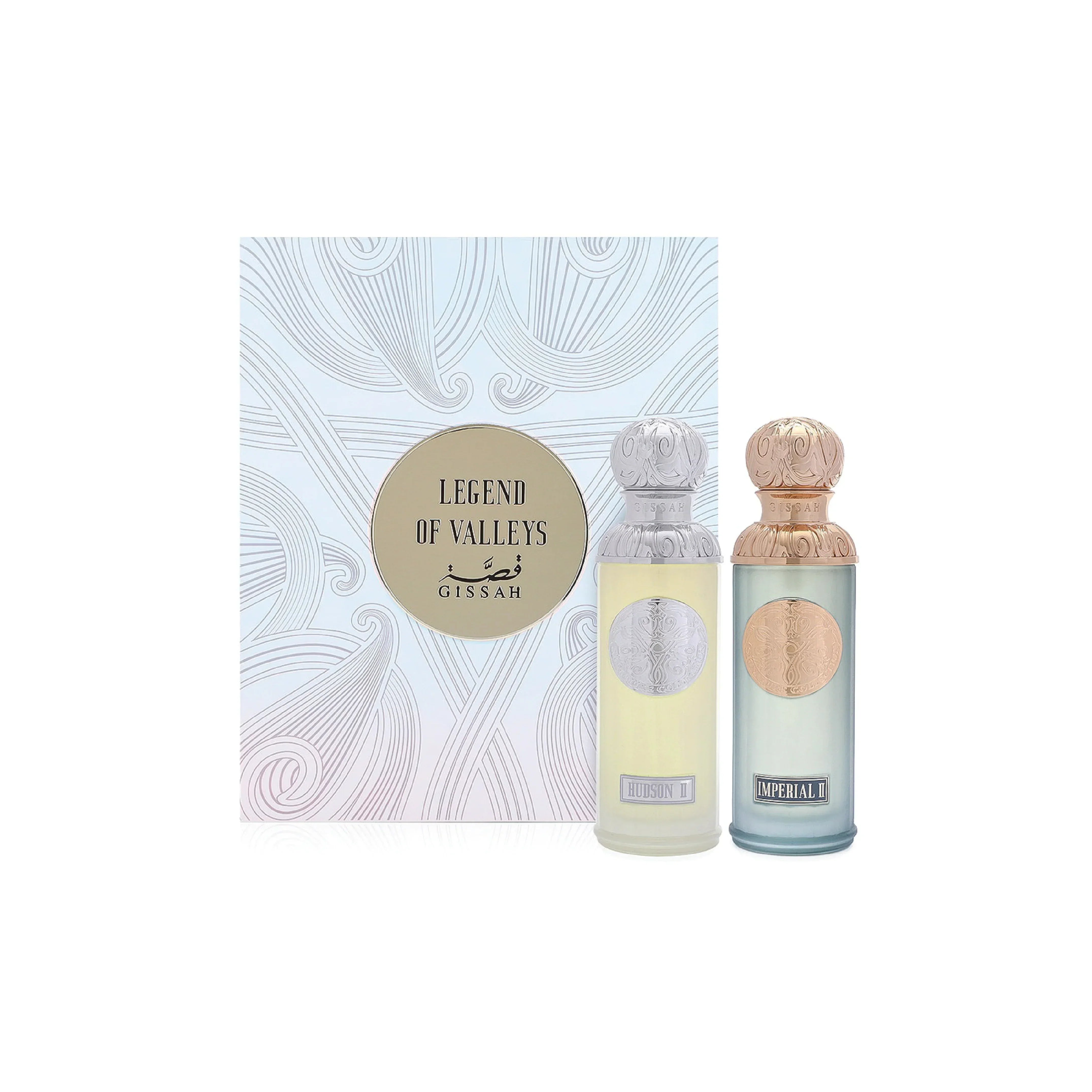 Legend of Valleys perfume gift set with two ornate fragrance bottles and decorative box