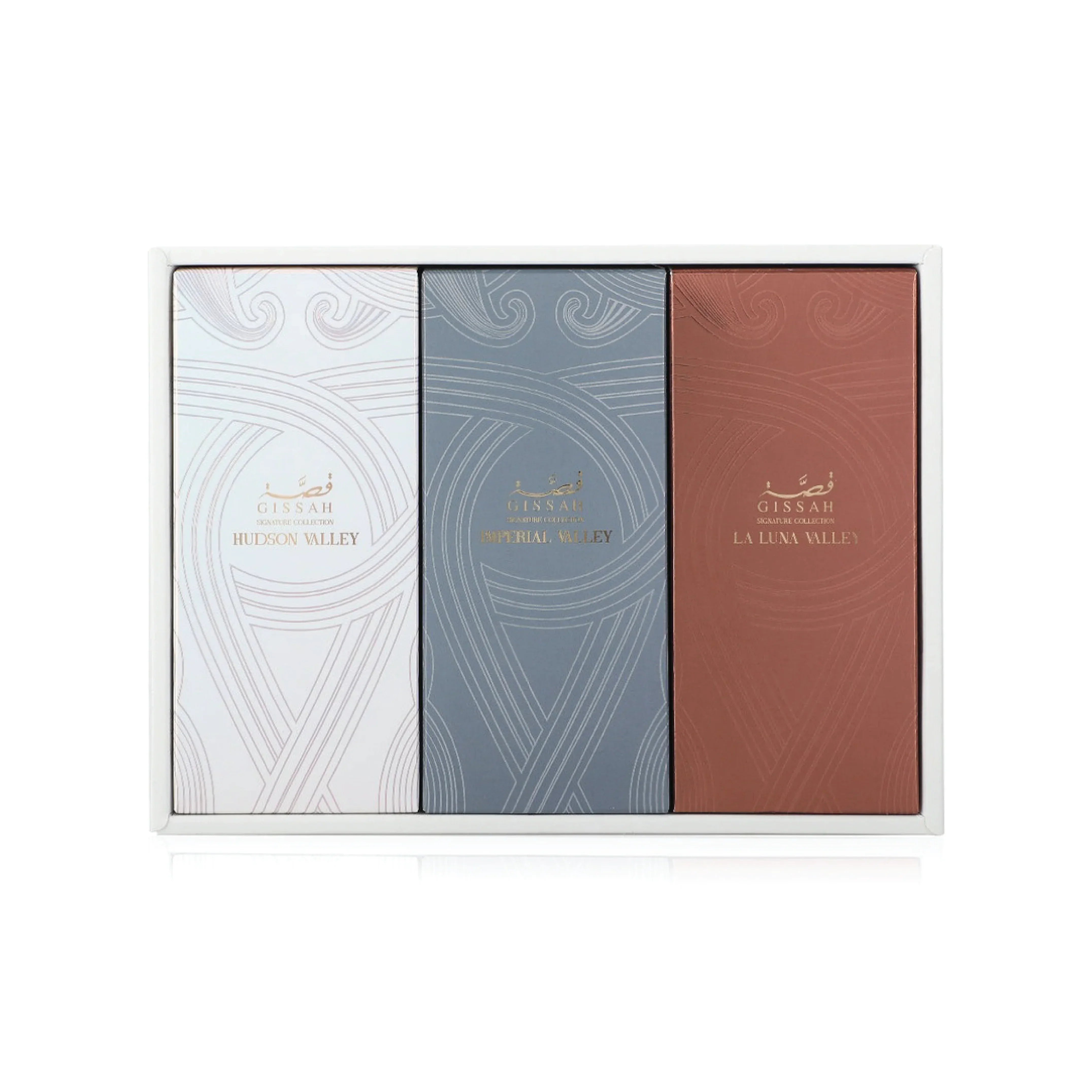 Luxury perfume gift set with three elegant fragrance boxes: Hudson Valley, Imperial Valley, La Luna Valley.