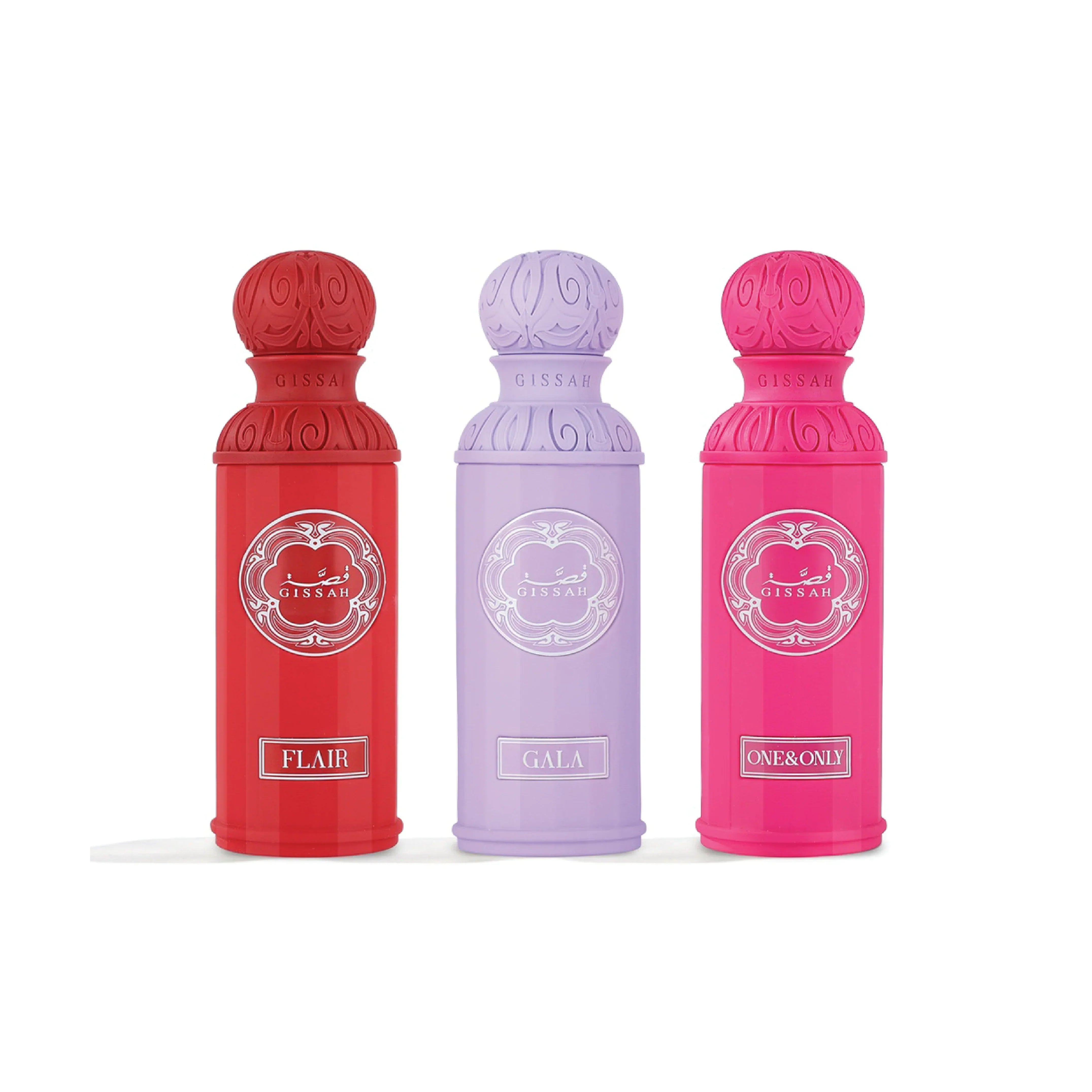 Three luxury Gissah perfume bottles in red, lavender, and pink with ornate caps.