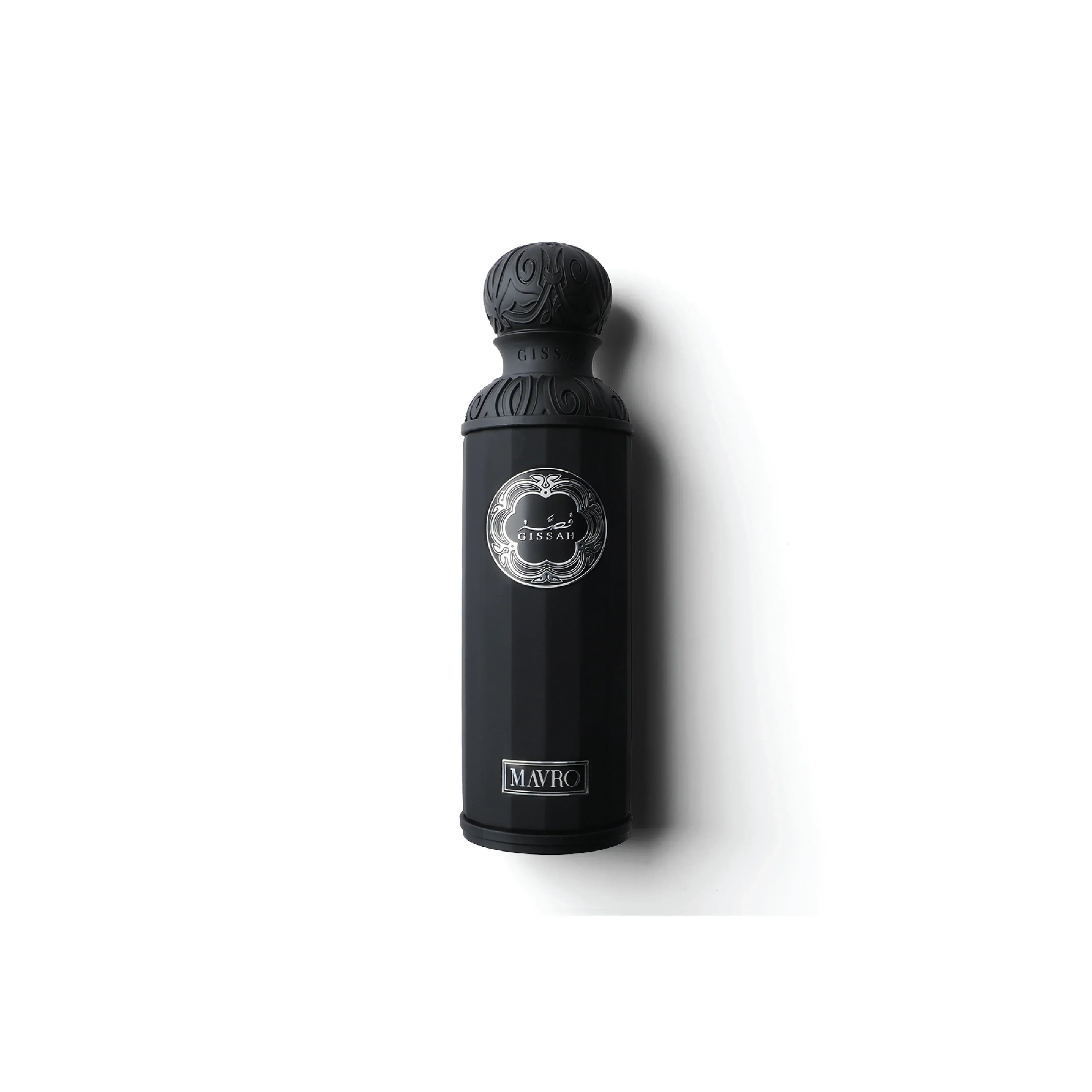 Elegant black Gissah Mavro perfume bottle with ornate cap on white background
