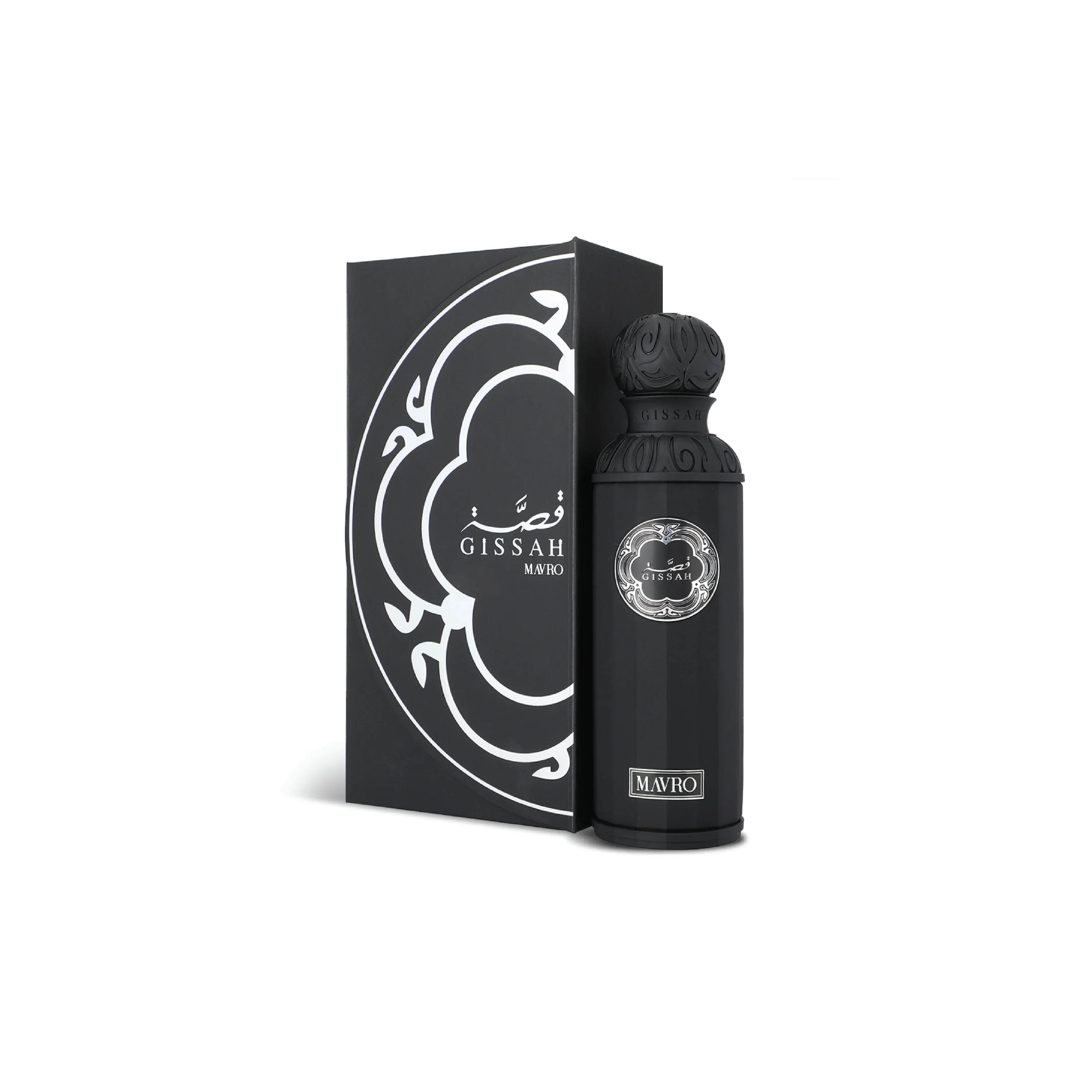 Black Gissah Mavro perfume bottle with ornate cap and matching designer box, luxury fragrance