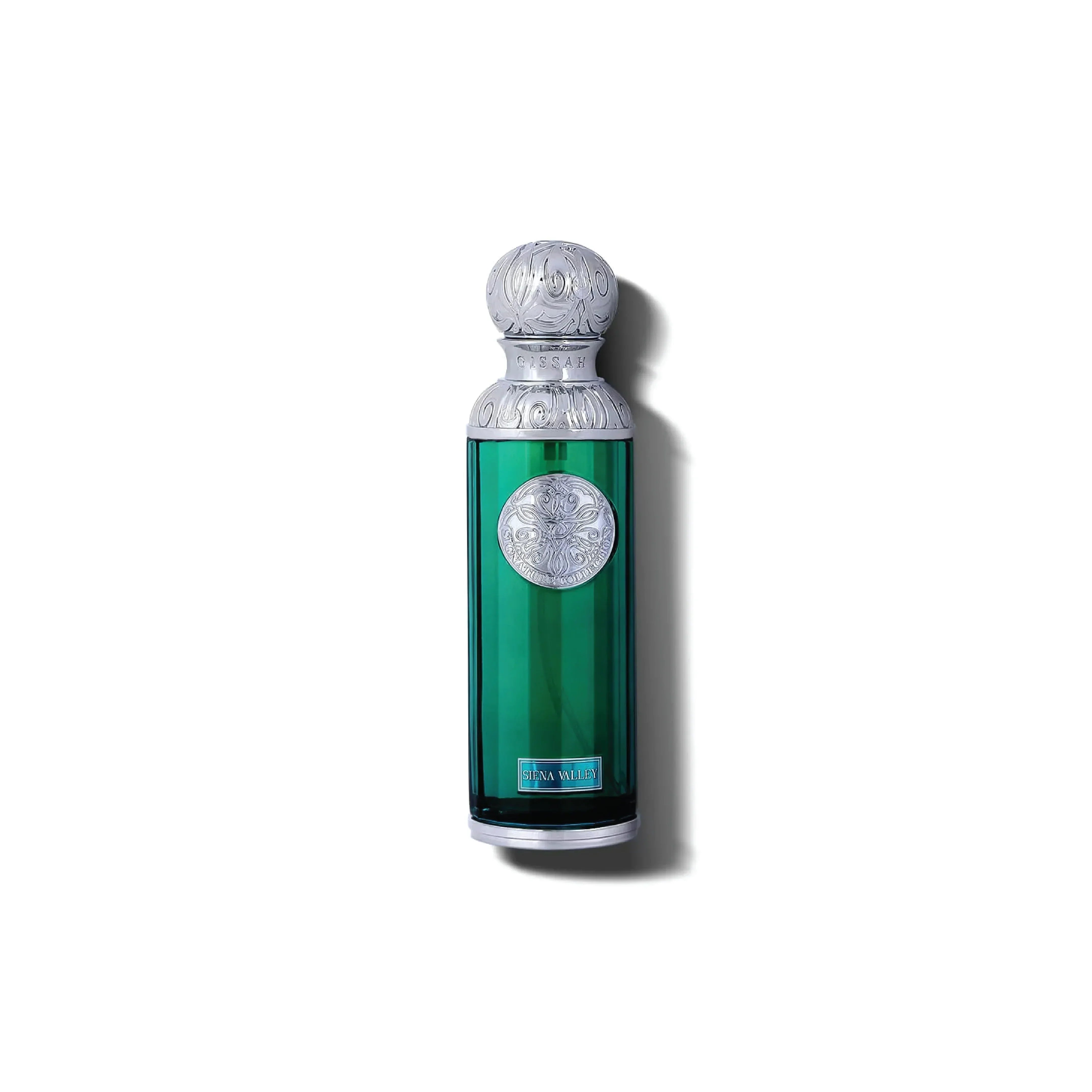 Elegant green perfume bottle with ornate silver cap and decorative emblem, luxury fragrance