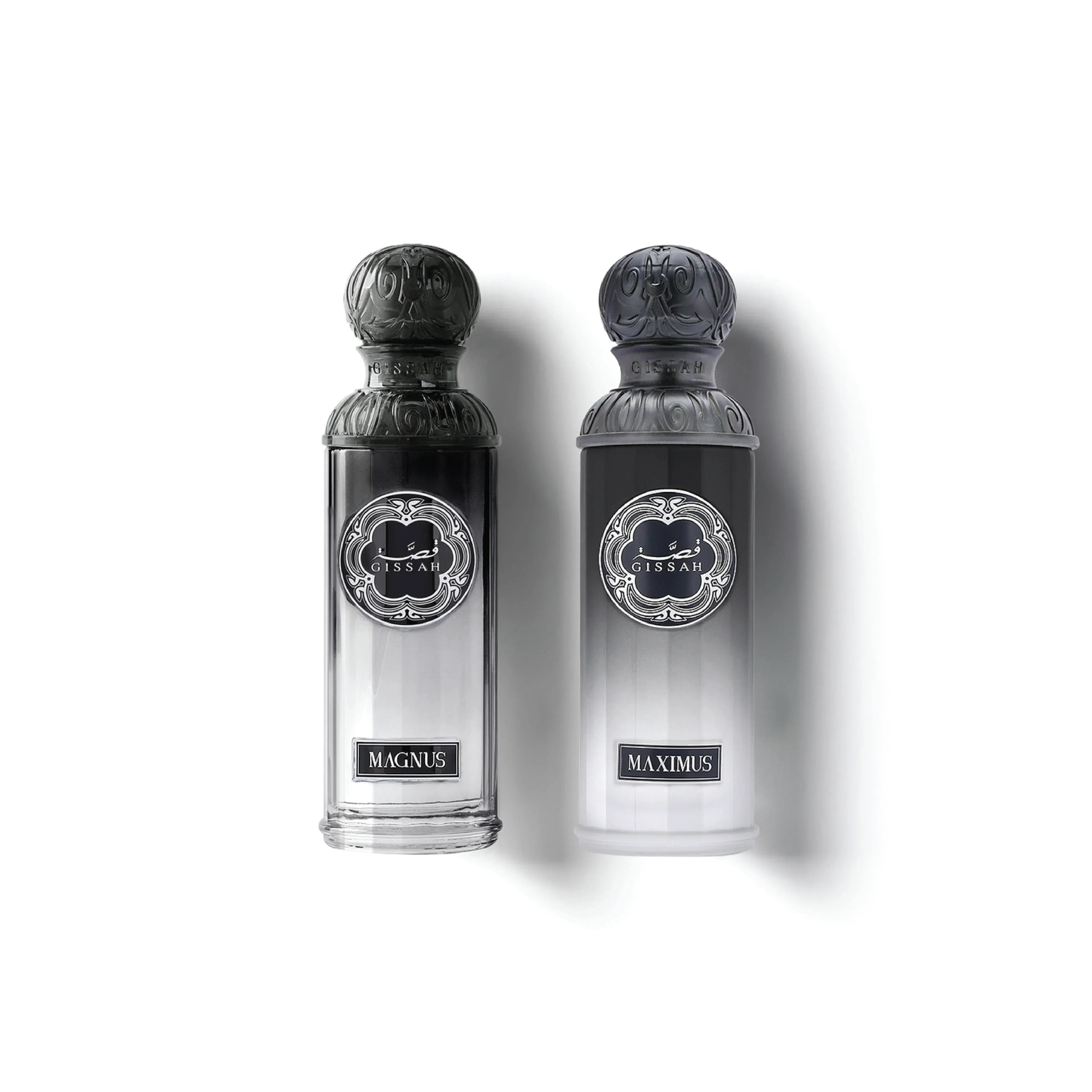 Elegant Gissah Magnus and Maximus luxury perfume bottles with ornate black caps