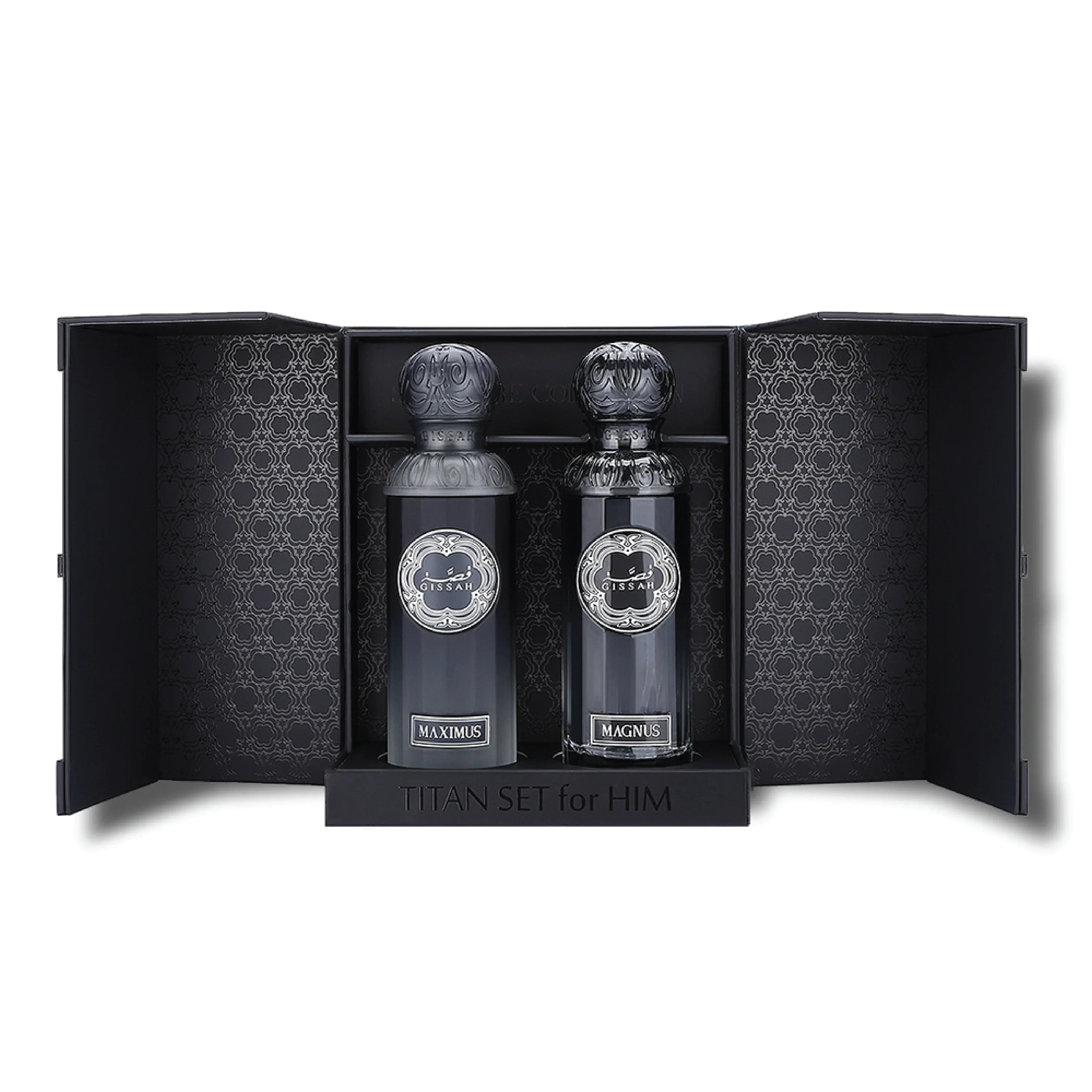 Luxurious men's perfume gift set with two ornate black bottles in elegant box