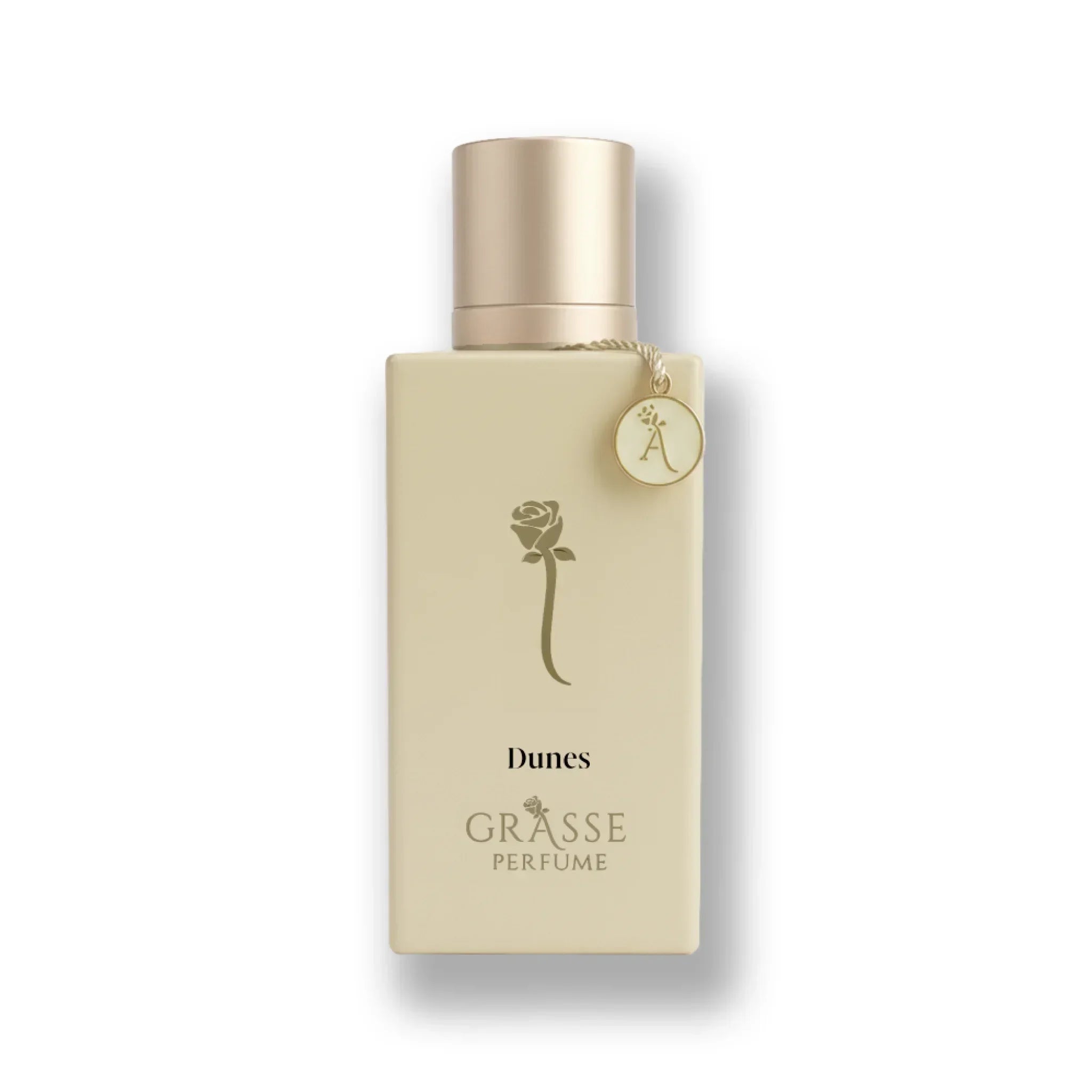 Elegant beige bottle of Grasse Dunes perfume with gold cap and floral emblem, luxury fragrance.