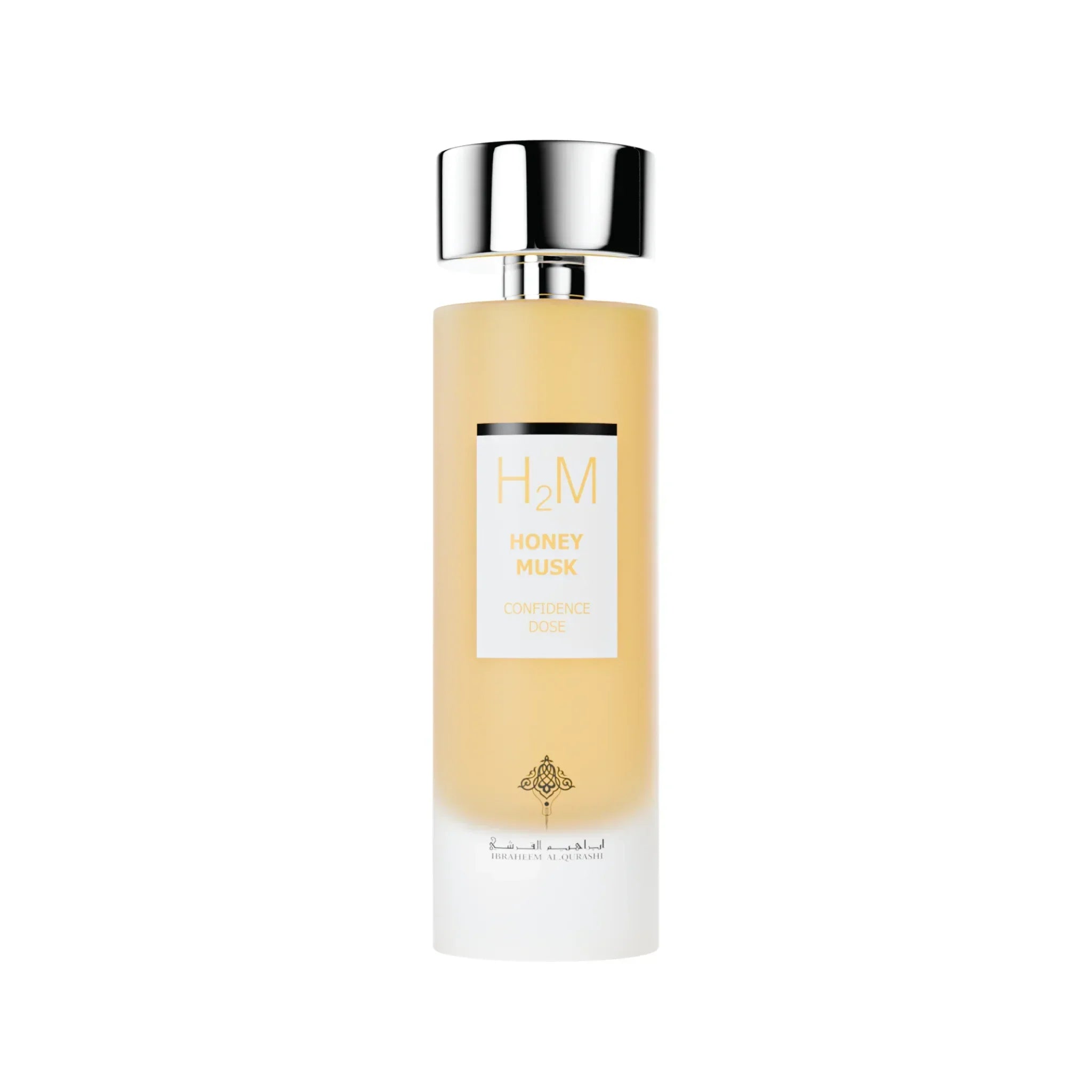 H2M Honey Musk perfume bottle with silver cap and white label, luxury fragrance