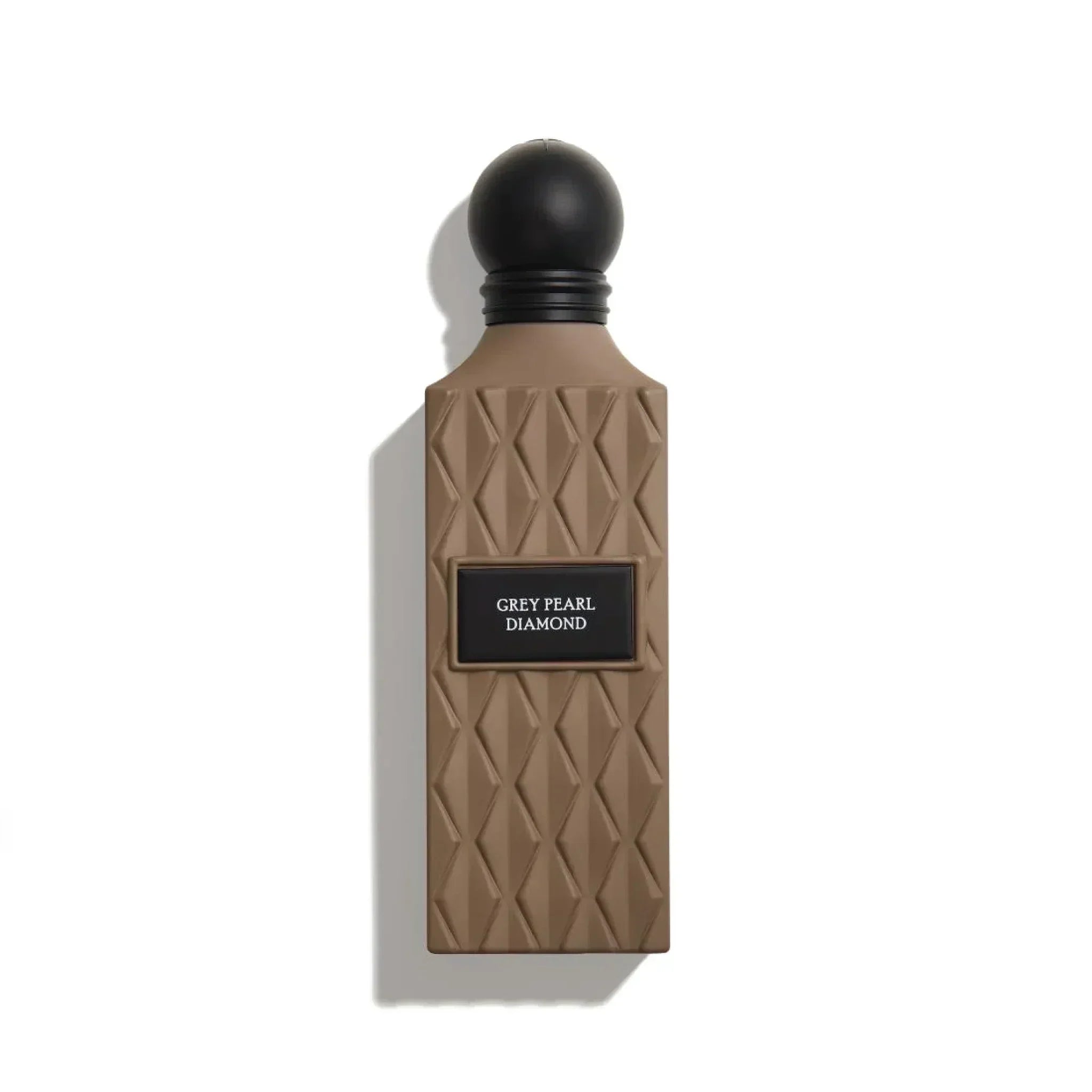 Luxury Grey Pearl Diamond perfume in textured brown bottle with black cap on white background