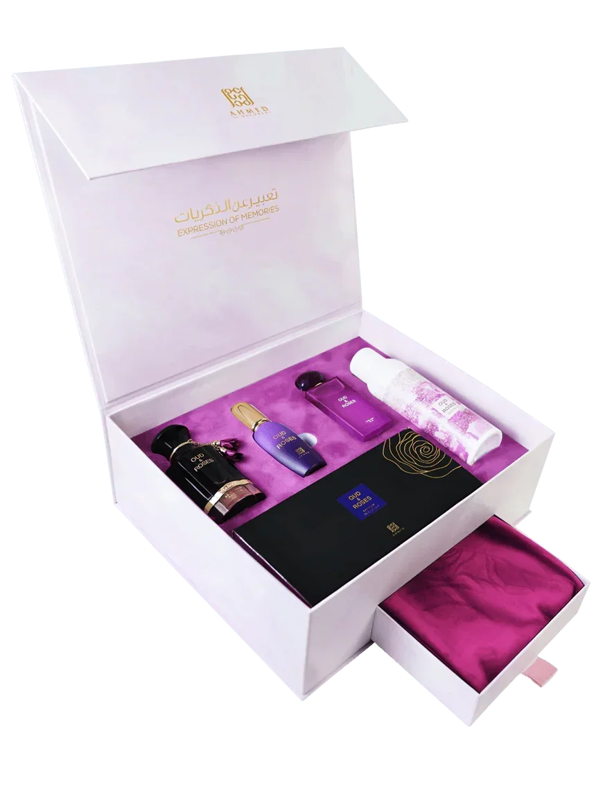 Luxury Middle Eastern perfume gift set with multiple fragrance bottles and elegant packaging