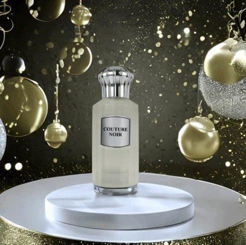 Couture Noir luxury perfume bottle with festive gold ornaments and glittering background